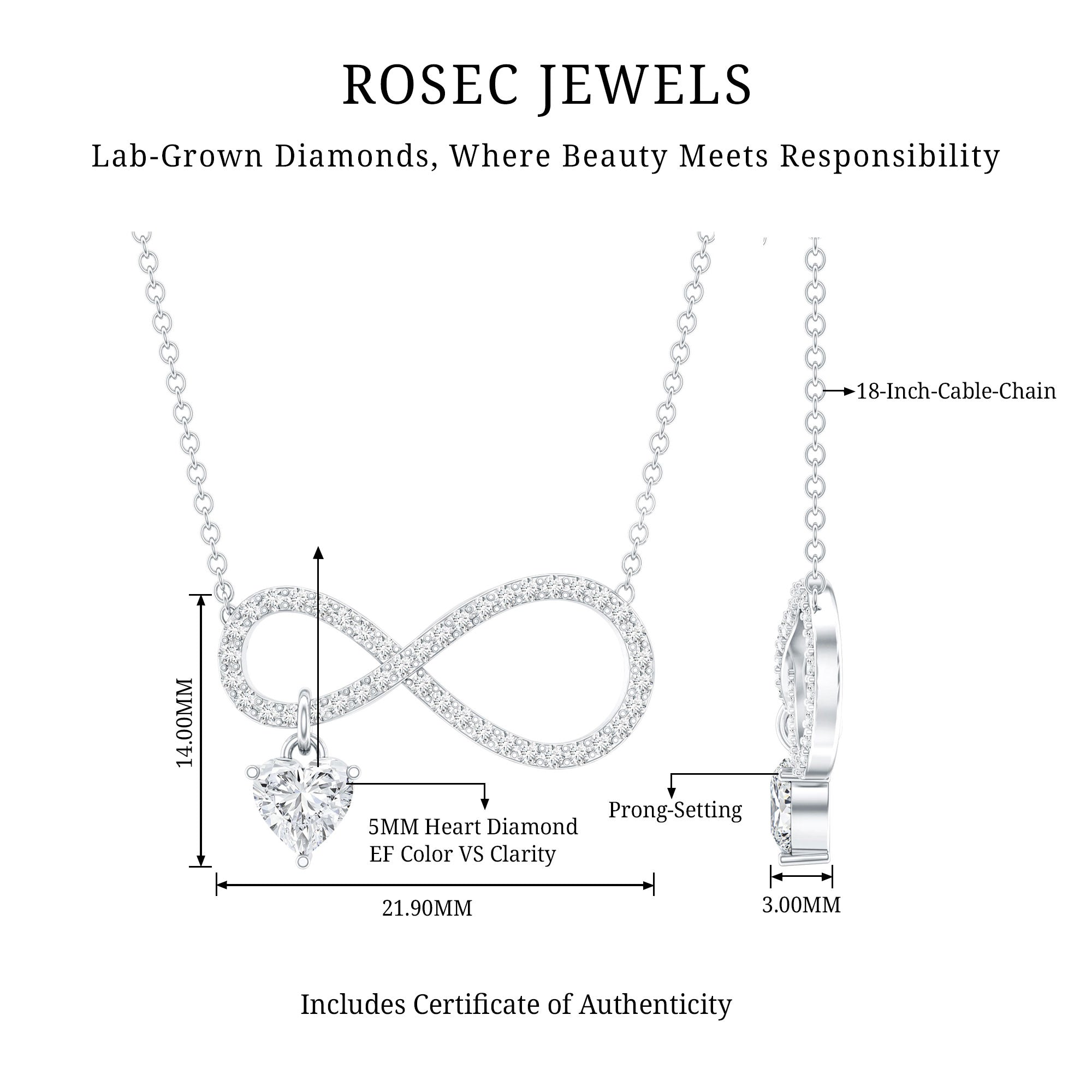 Pave Set Lab Grown Diamond Infinity Heart Charm Necklace Lab - ( EF-VS ) - Rosec Jewels