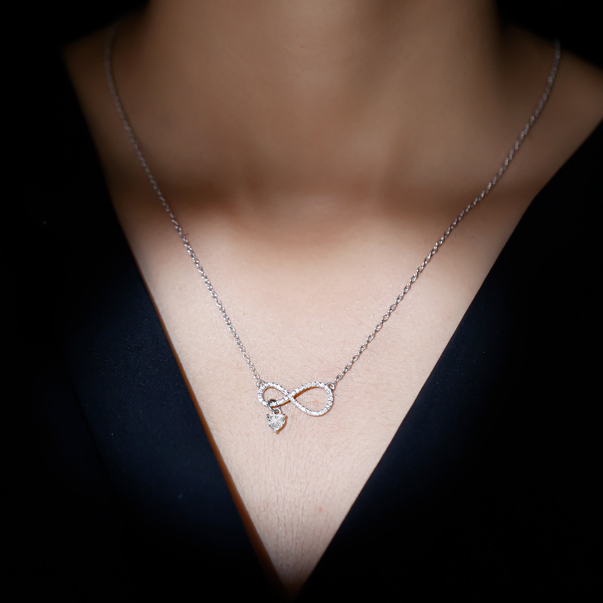 Pave Set Lab Grown Diamond Infinity Heart Charm Necklace Lab - ( EF-VS ) - Rosec Jewels