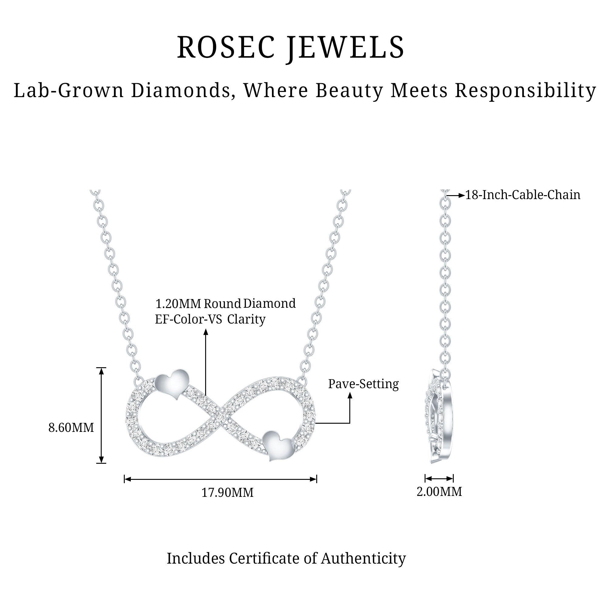 Lab Grown Diamond Infinity Knot Necklace With Cute Heart Lab - ( EF-VS ) - Rosec Jewels