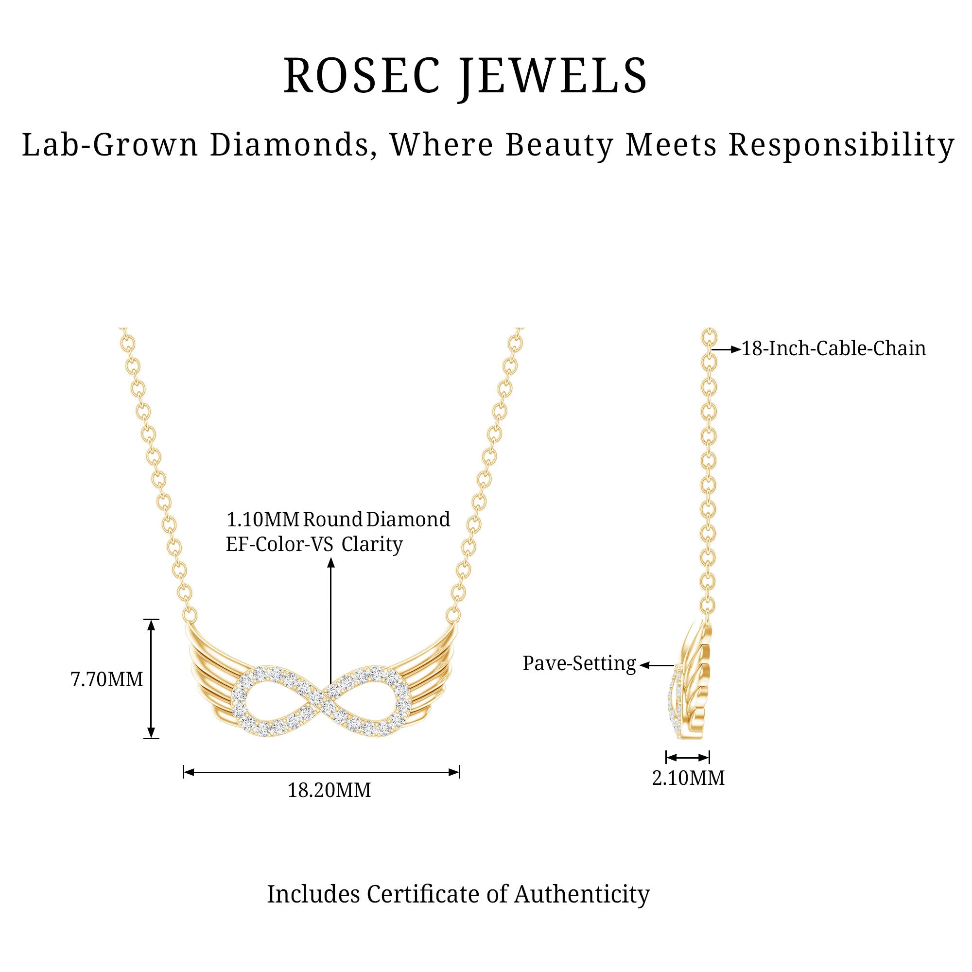 Sideways Pave Set Lab Grown Diamond Angel Wing Necklace Lab - ( EF-VS ) - Rosec Jewels