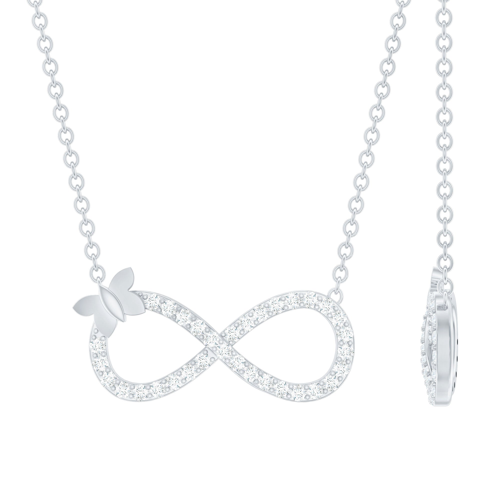 Lab Pave Set Diamond Sideways Infinity Butterfly Necklace