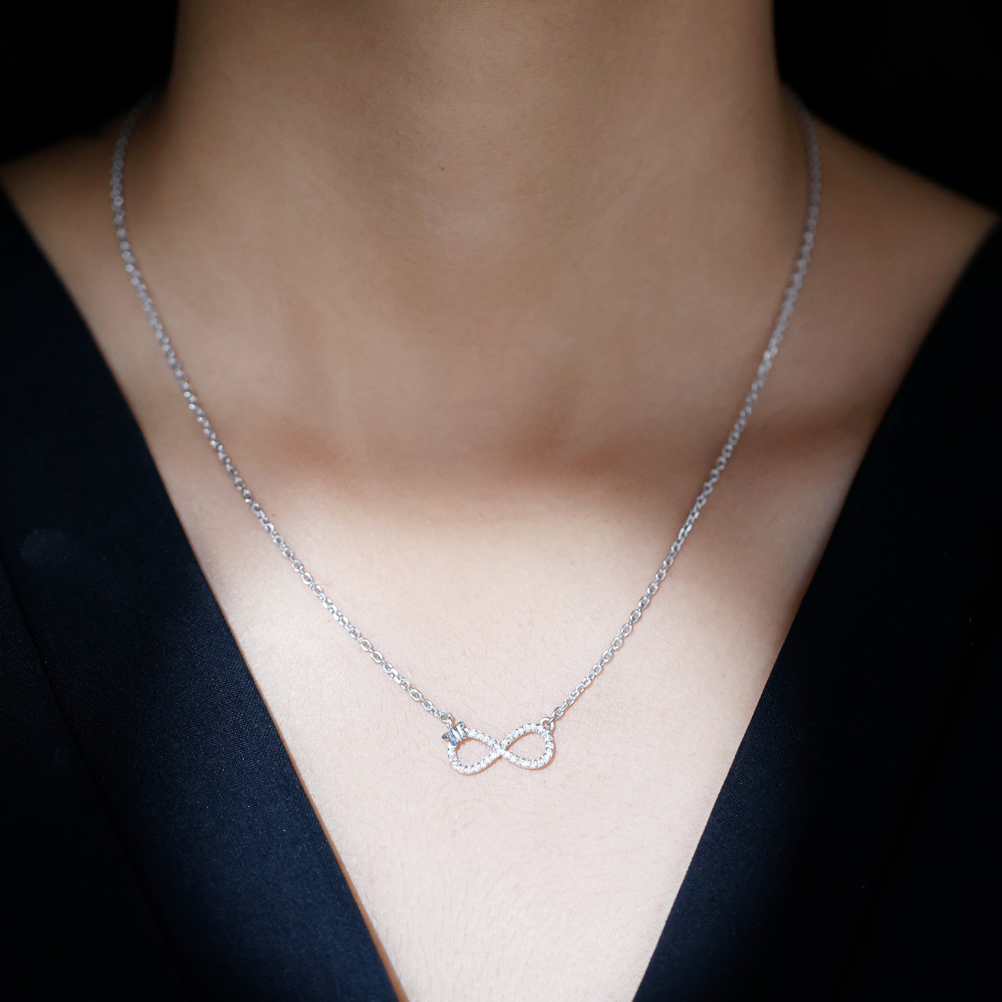 Lab Pave Set Diamond Sideways Infinity Butterfly Necklace Lab - ( EF-VS ) - Rosec Jewels
