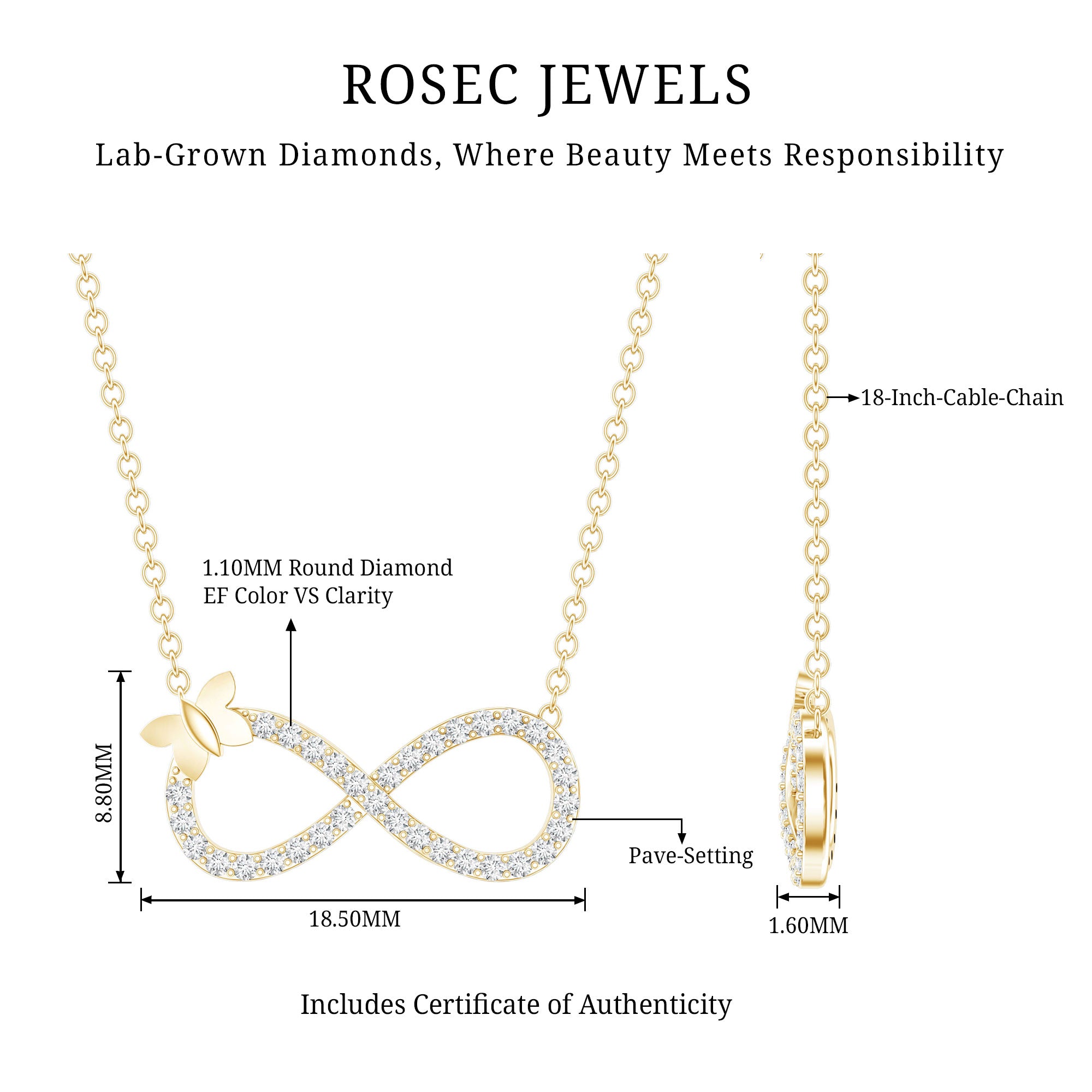 Lab Pave Set Diamond Sideways Infinity Butterfly Necklace Lab - ( EF-VS ) - Rosec Jewels