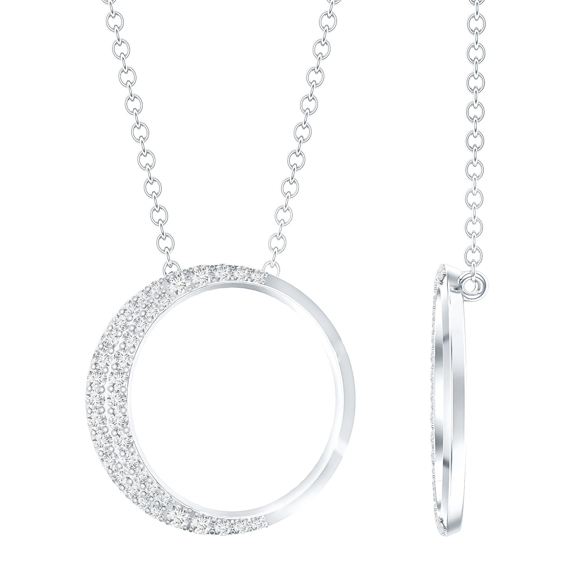 Pave Set Lab Grown Diamond Open Circle Pendant Necklace Lab - ( EF-VS ) - Rosec Jewels