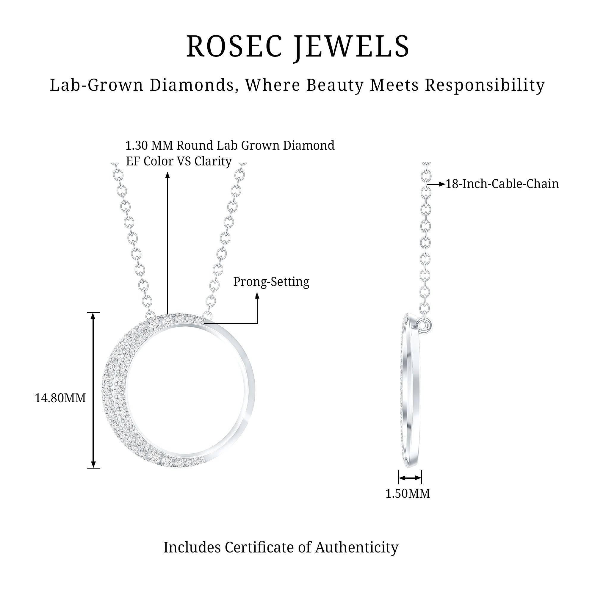 Pave Set Lab Grown Diamond Open Circle Pendant Necklace Lab - ( EF-VS ) - Rosec Jewels