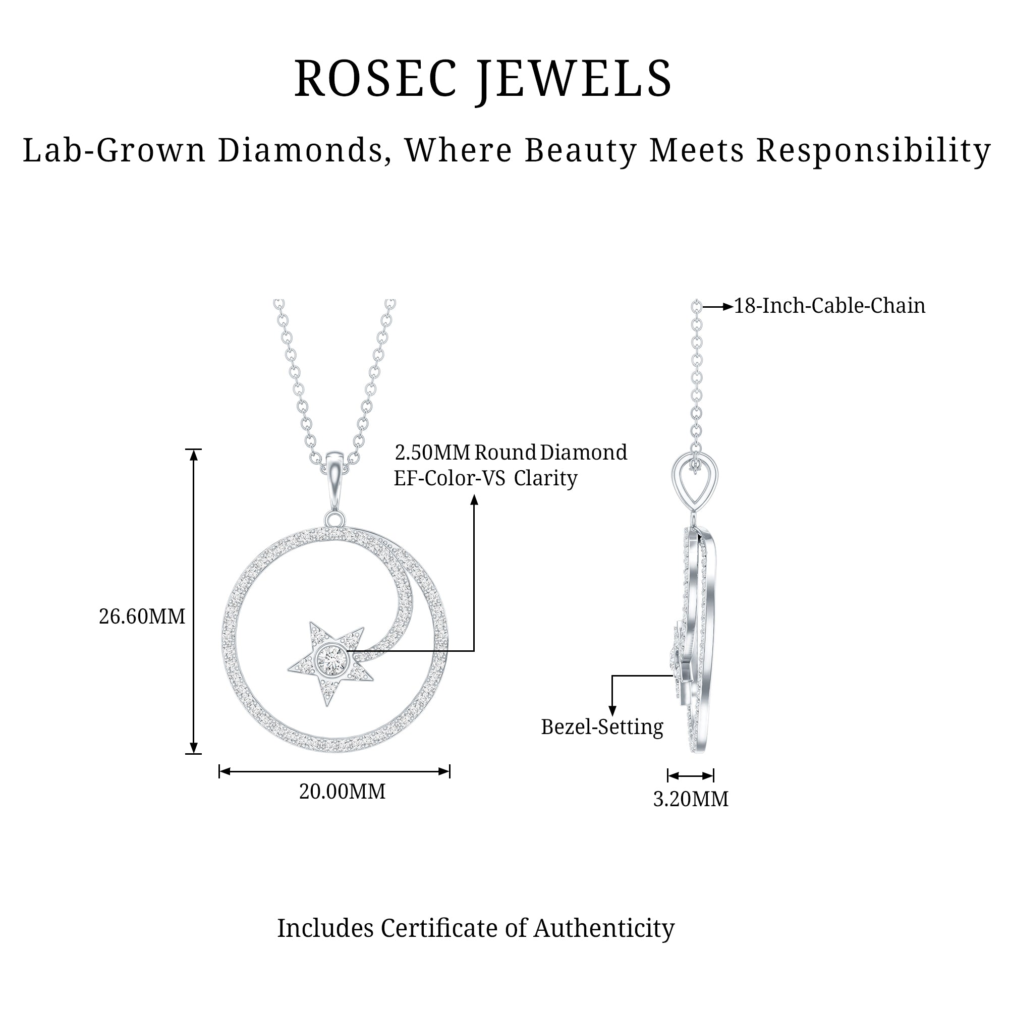 Certified Lab Grown Diamond Open Circle Necklace With Star Lab - ( EF-VS ) - Rosec Jewels