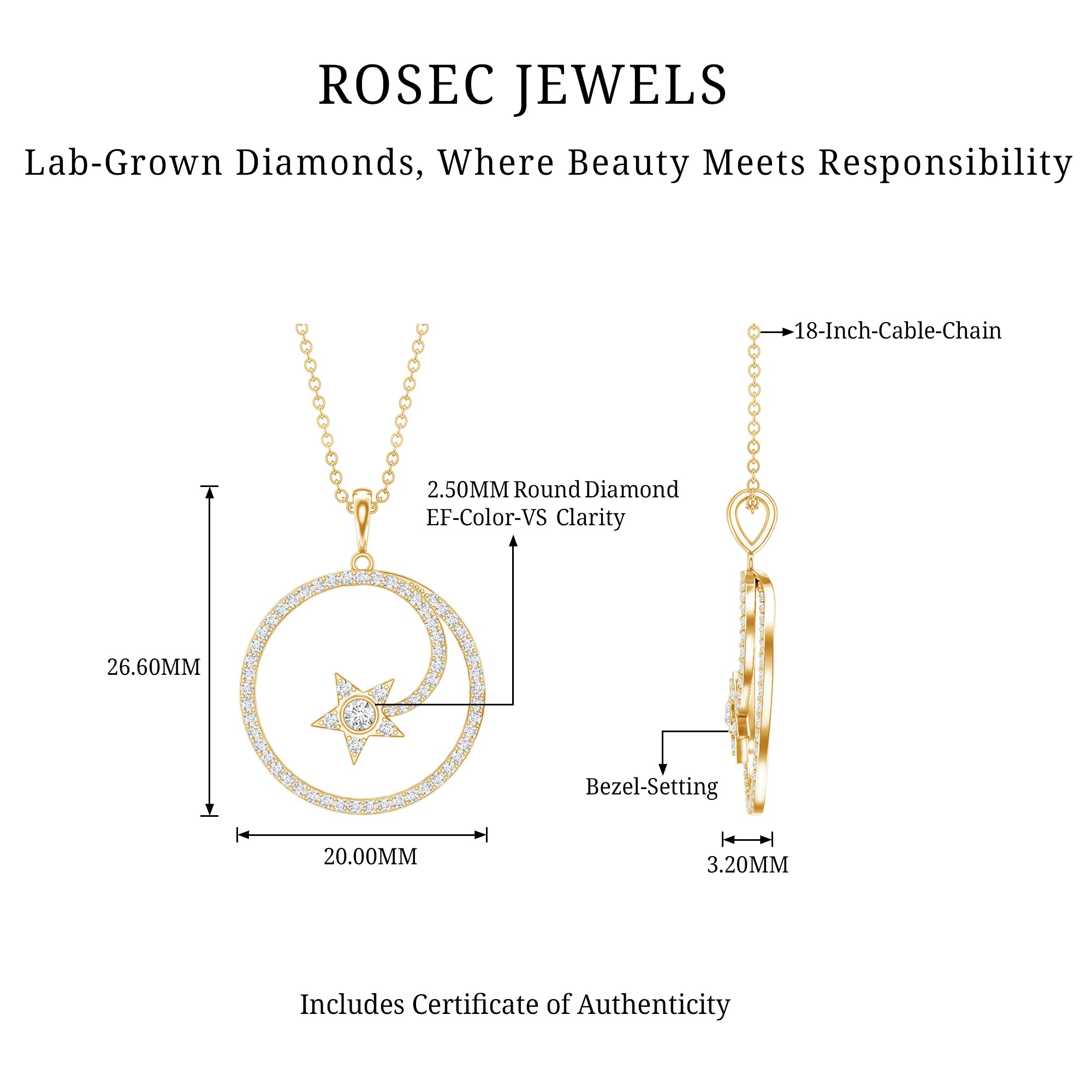Certified Lab Grown Diamond Open Circle Necklace With Star Lab - ( EF-VS ) - Rosec Jewels