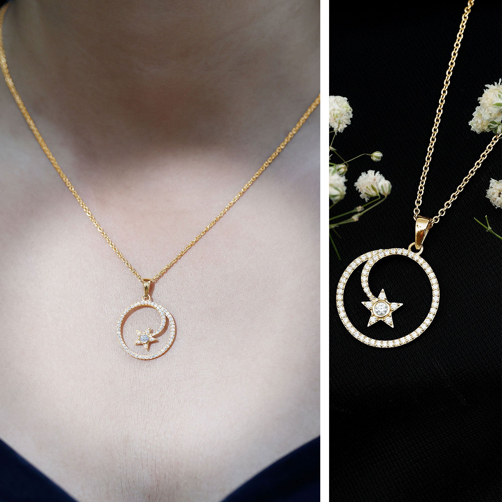 Certified Lab Grown Diamond Open Circle Necklace With Star Lab - ( EF-VS ) - Rosec Jewels