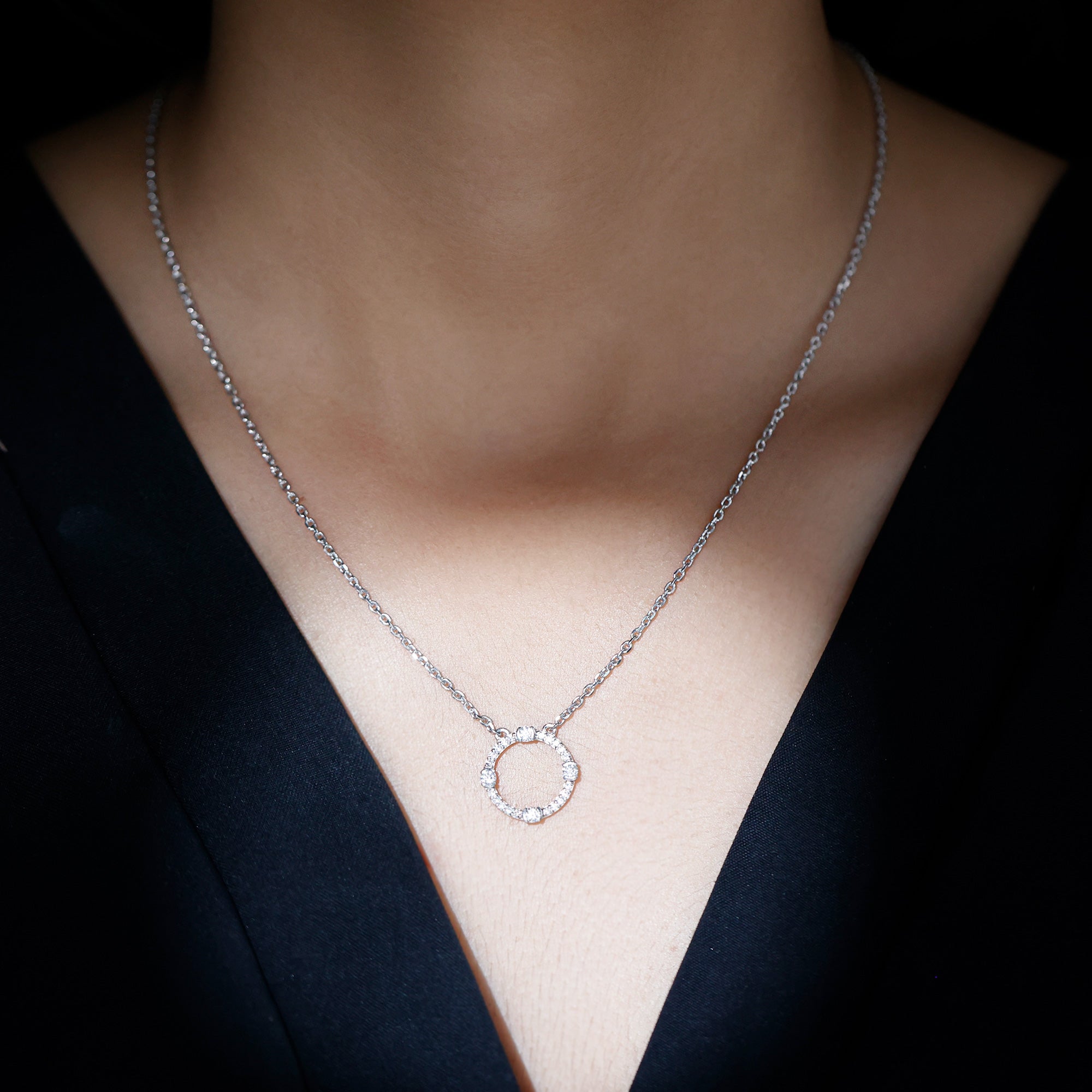 Certified Lab Grown Diamond Half Bezel Set Open Circle Necklace Lab - ( EF-VS ) - Rosec Jewels