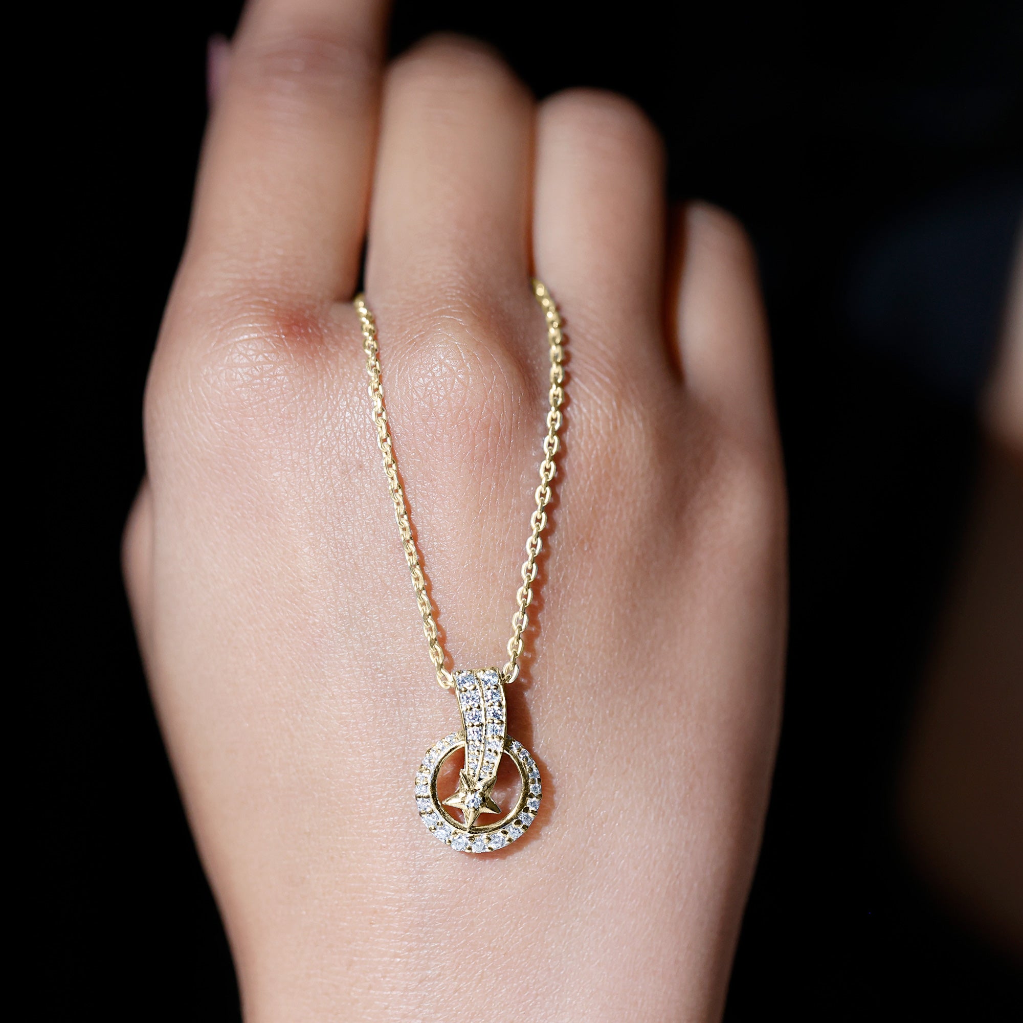Lab Grown Diamond Star Circle Necklace With Decorated Bail Lab - ( EF-VS ) - Rosec Jewels