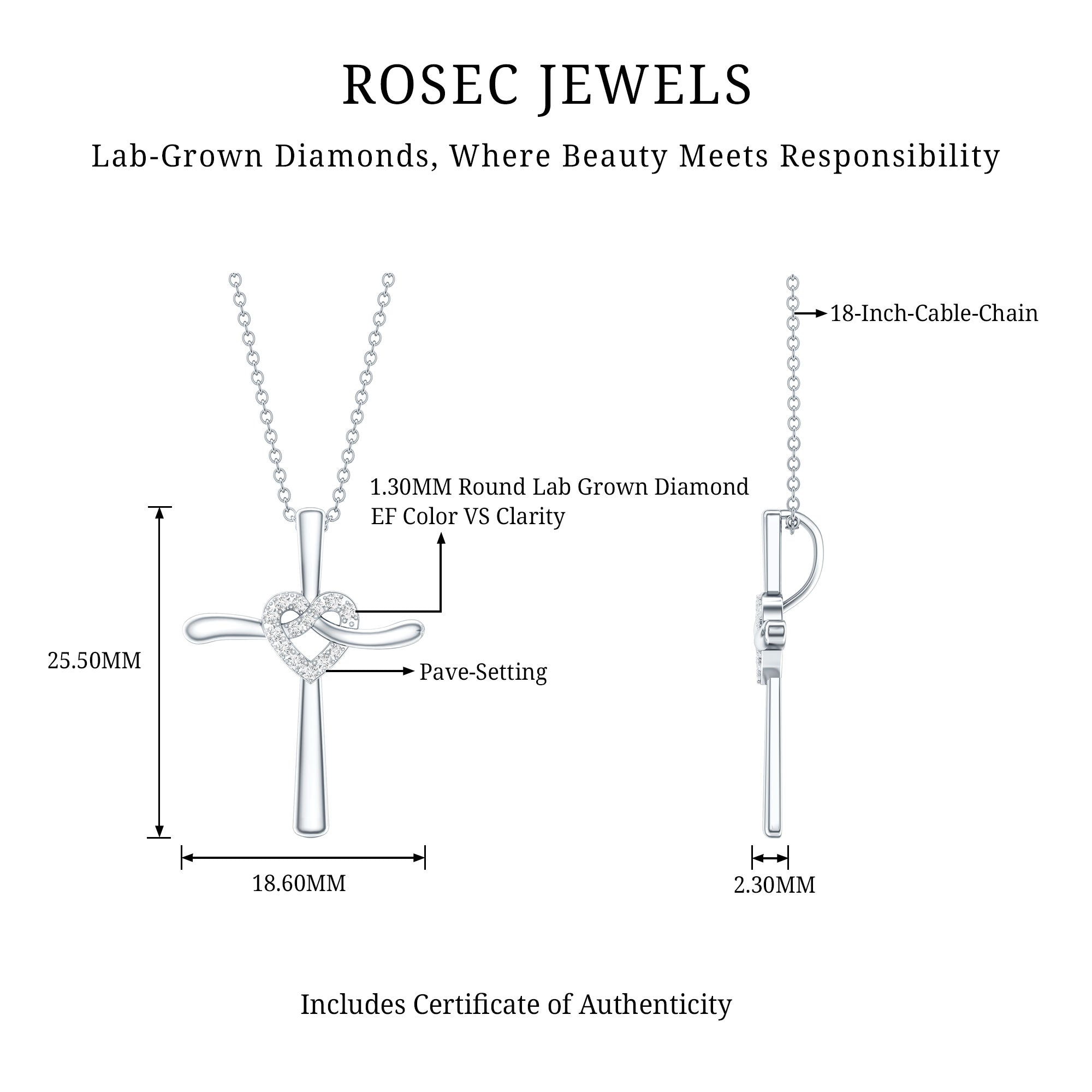 Certified Lab Grown Diamond Catholic Cross Heart Necklace Lab - ( EF-VS ) - Rosec Jewels