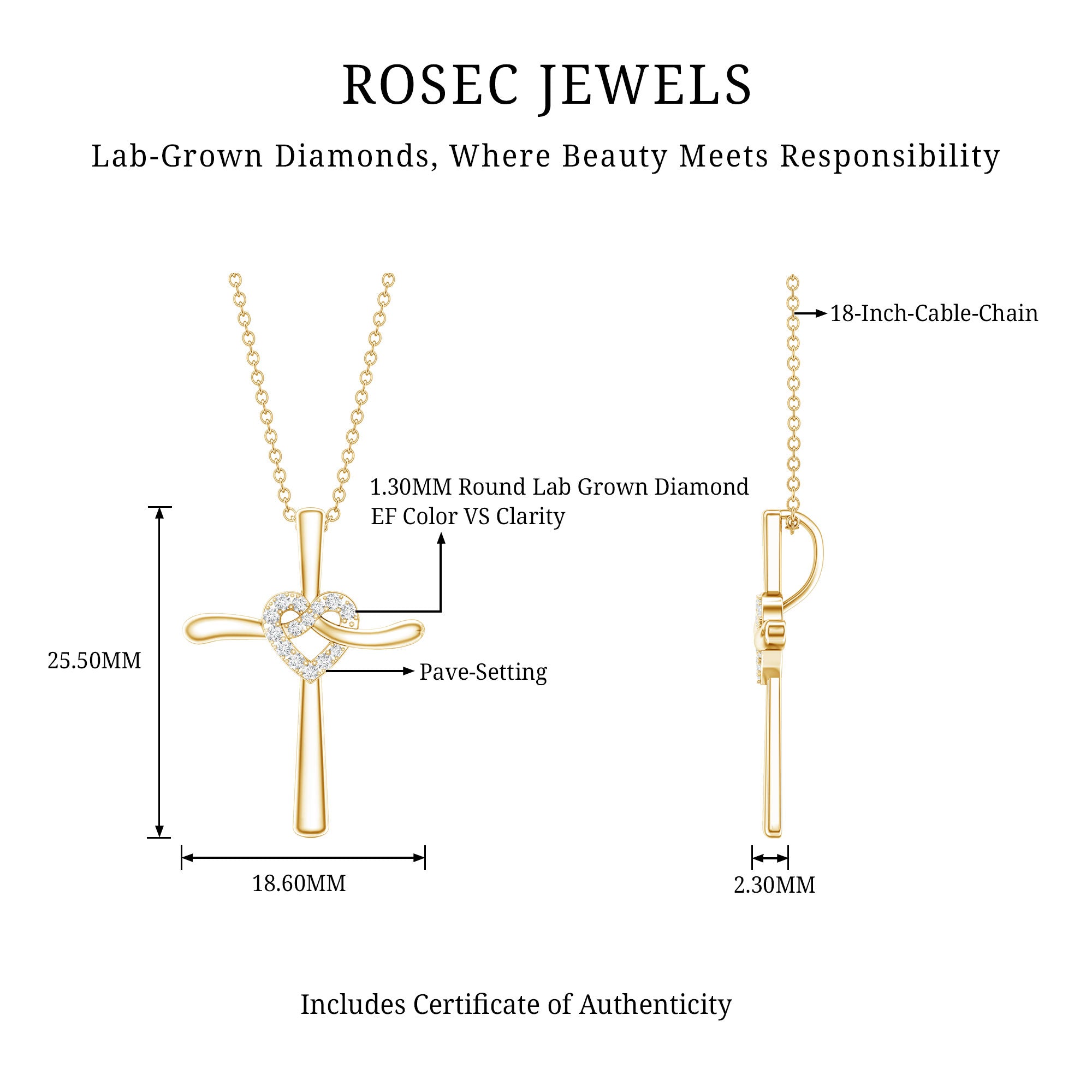 Certified Lab Grown Diamond Catholic Cross Heart Necklace Lab - ( EF-VS ) - Rosec Jewels
