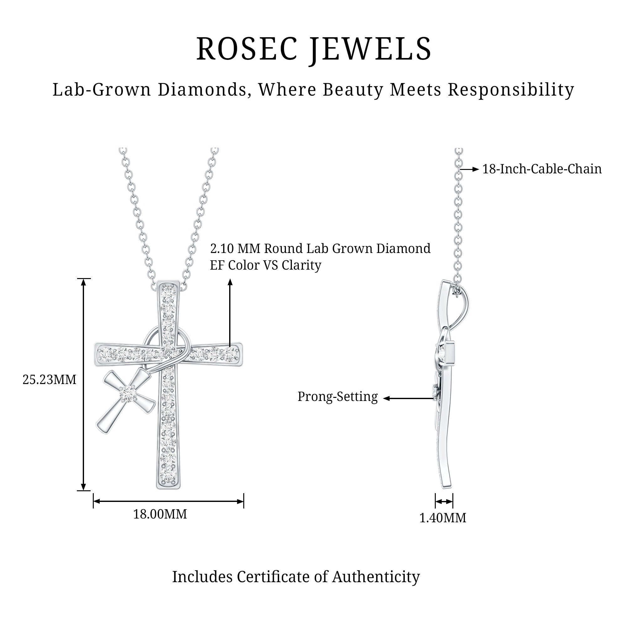 Pave Set Lab Grown Diamond Double Cross Charm Necklace Lab - ( EF-VS ) - Rosec Jewels