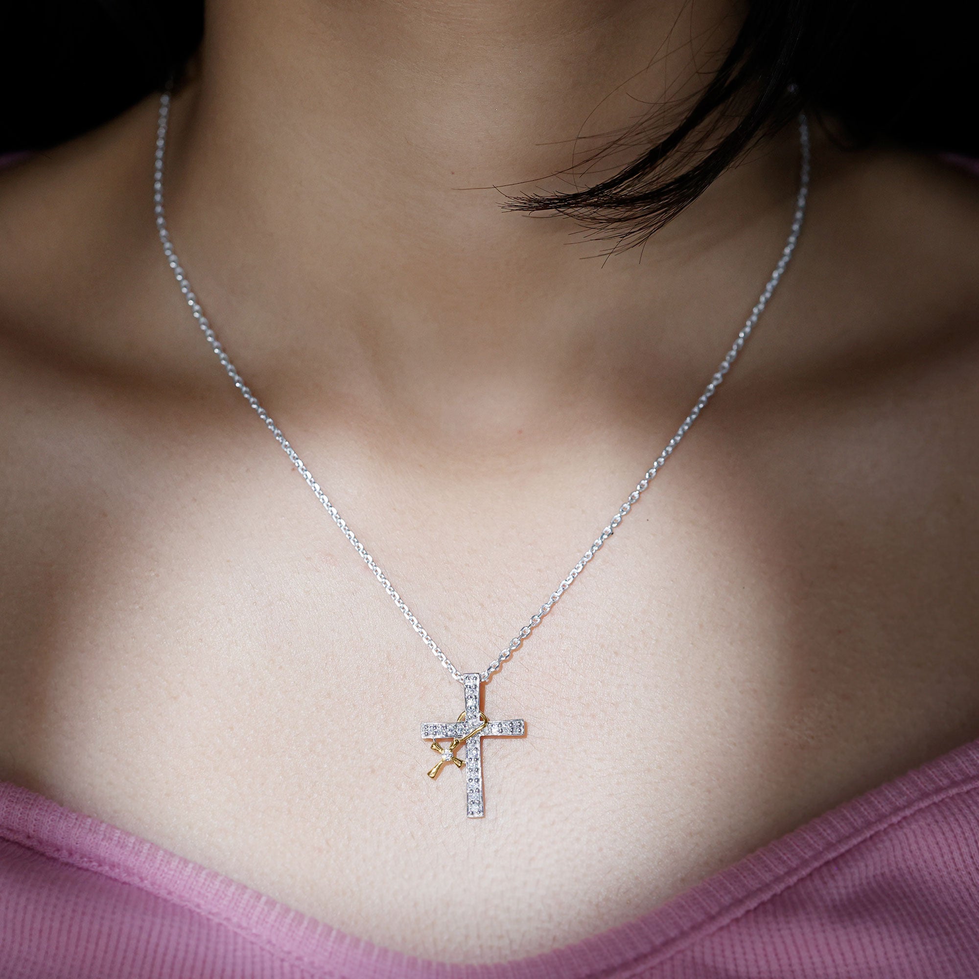 Pave Set Lab Grown Diamond Double Cross Charm Necklace Lab - ( EF-VS ) - Rosec Jewels