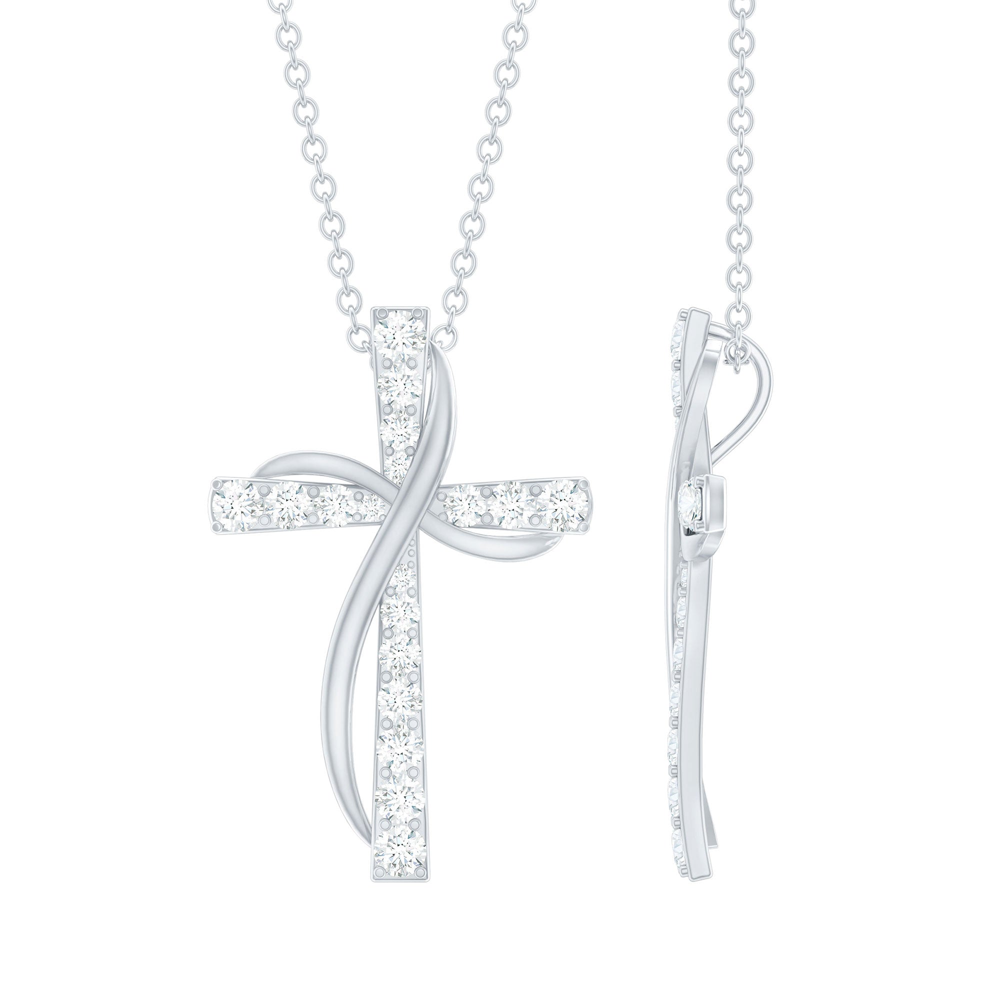 Pave Set Lab Grown Diamond Double Cross Necklace