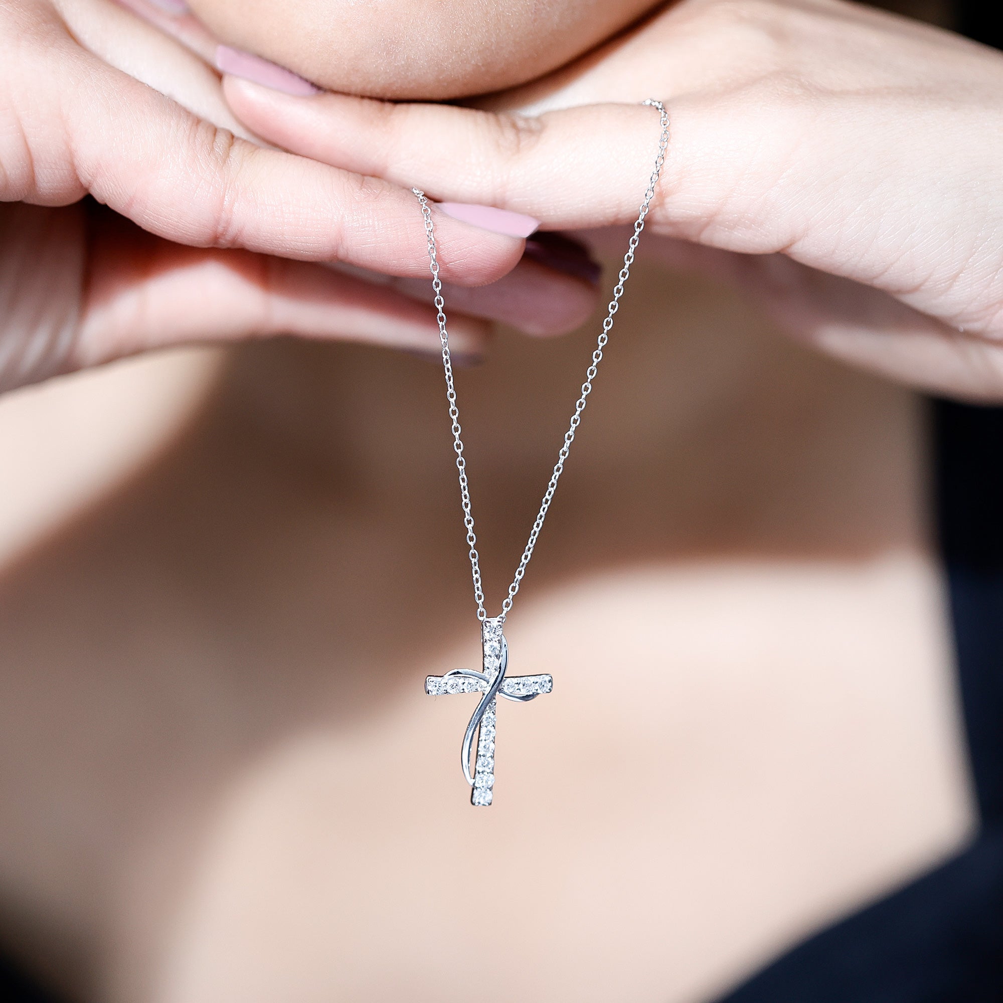 Pave Set Lab Grown Diamond Double Cross Necklace Lab - ( EF-VS ) - Rosec Jewels