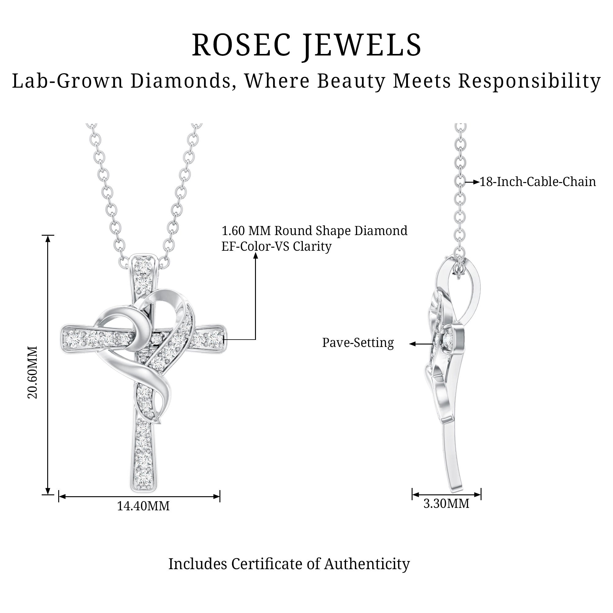 Certified Lab Grown Diamond Heart Cross Necklace Lab - ( EF-VS ) - Rosec Jewels