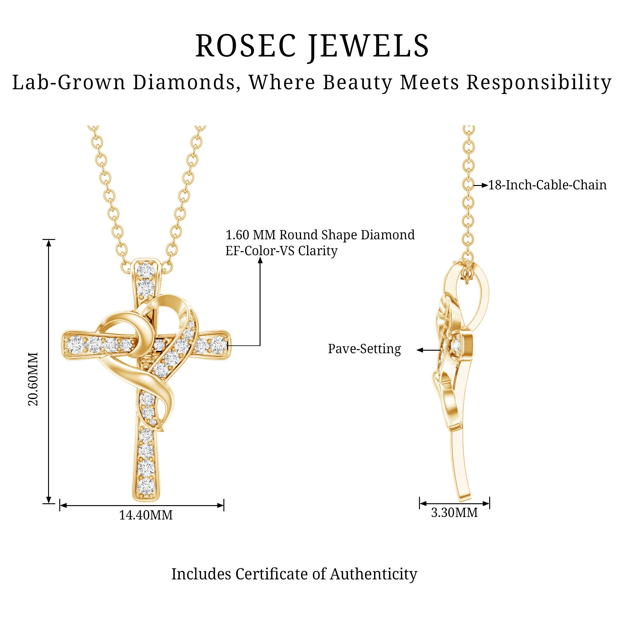 Certified Lab Grown Diamond Heart Cross Necklace Lab - ( EF-VS ) - Rosec Jewels
