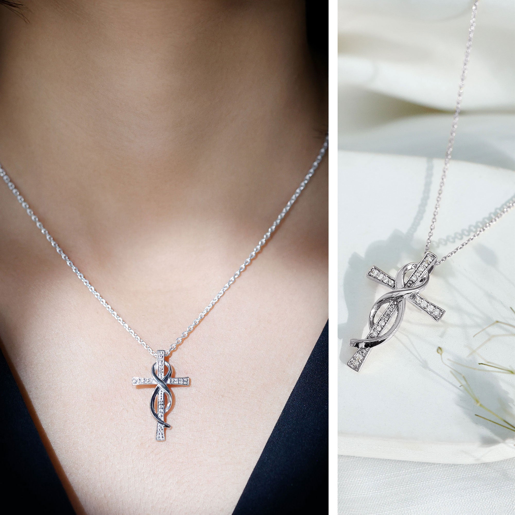 Certified Lab Grown Diamond Accent Cross Infinity Necklace Lab - ( EF-VS ) - Rosec Jewels