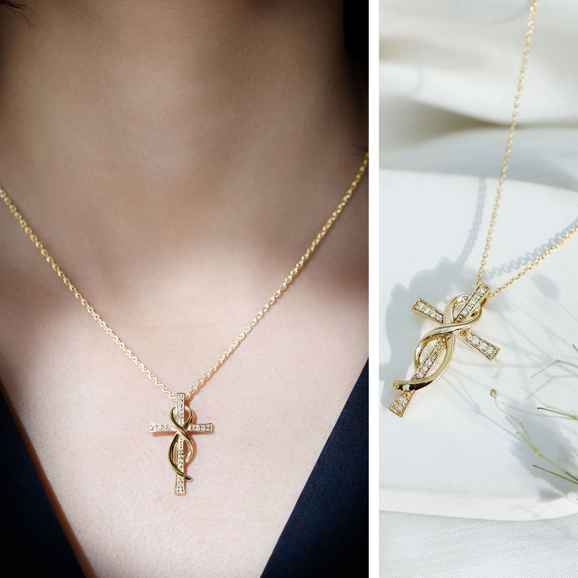 Certified Lab Grown Diamond Accent Cross Infinity Necklace Lab - ( EF-VS ) - Rosec Jewels