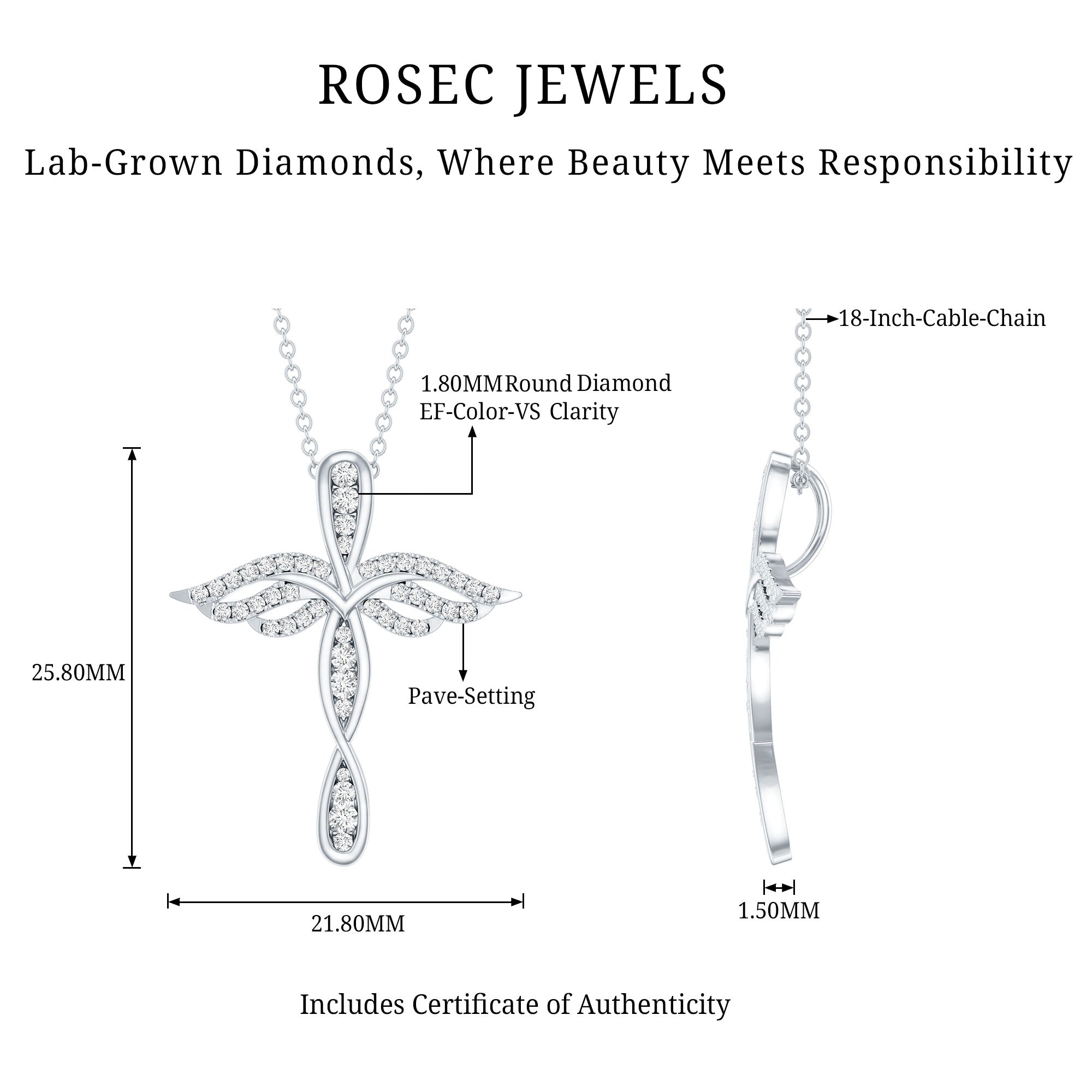 Certified Lab Grown Diamond Prong Set Cross Angel Necklace Lab - ( EF-VS ) - Rosec Jewels