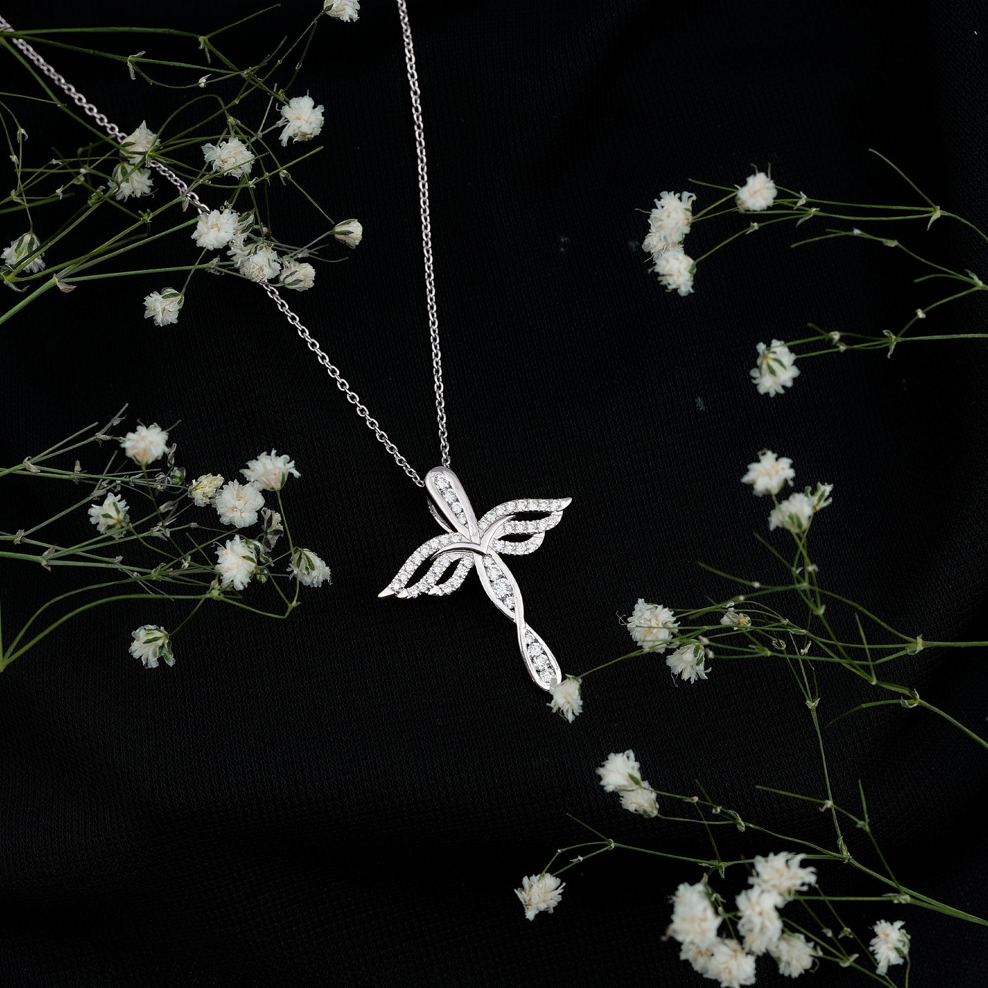 Certified Lab Grown Diamond Prong Set Cross Angel Necklace Lab - ( EF-VS ) - Rosec Jewels