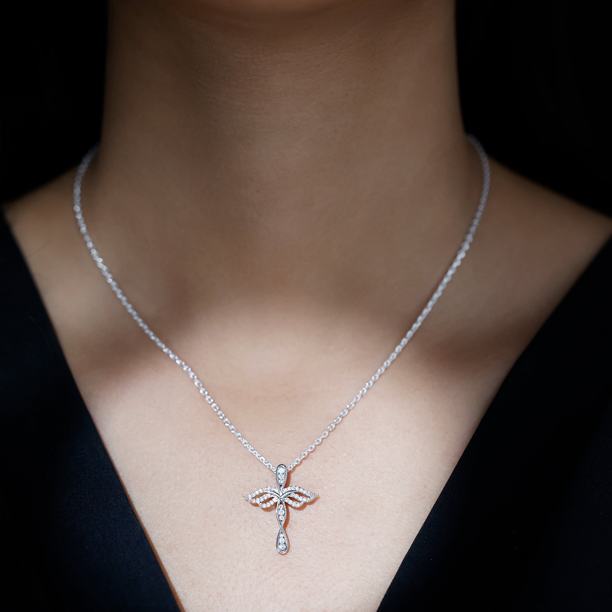 Certified Lab Grown Diamond Prong Set Cross Angel Necklace Lab - ( EF-VS ) - Rosec Jewels