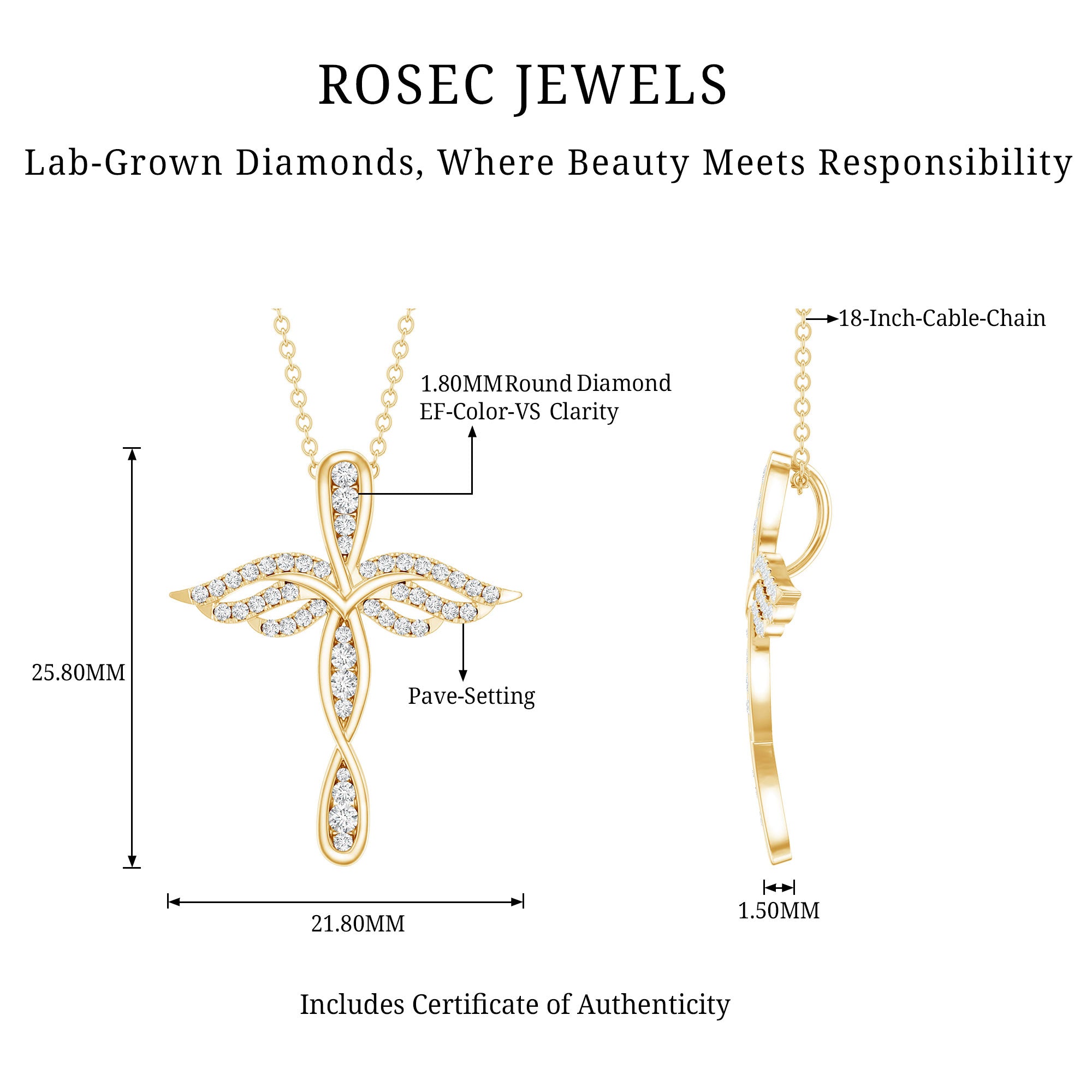 Certified Lab Grown Diamond Prong Set Cross Angel Necklace Lab - ( EF-VS ) - Rosec Jewels