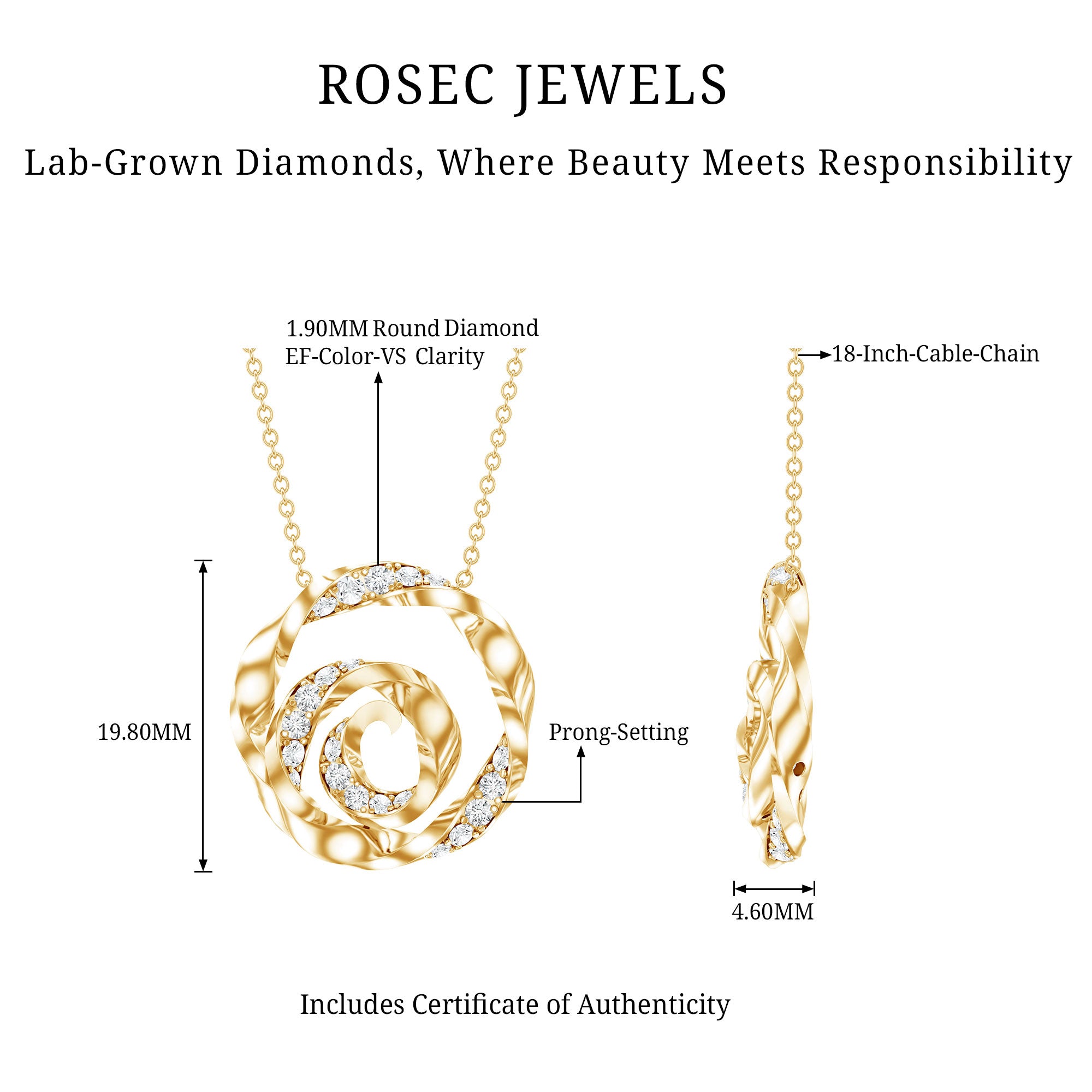 Lab Grown Diamond Pave Set Swirl Pendant Necklace Lab - ( EF-VS ) - Rosec Jewels