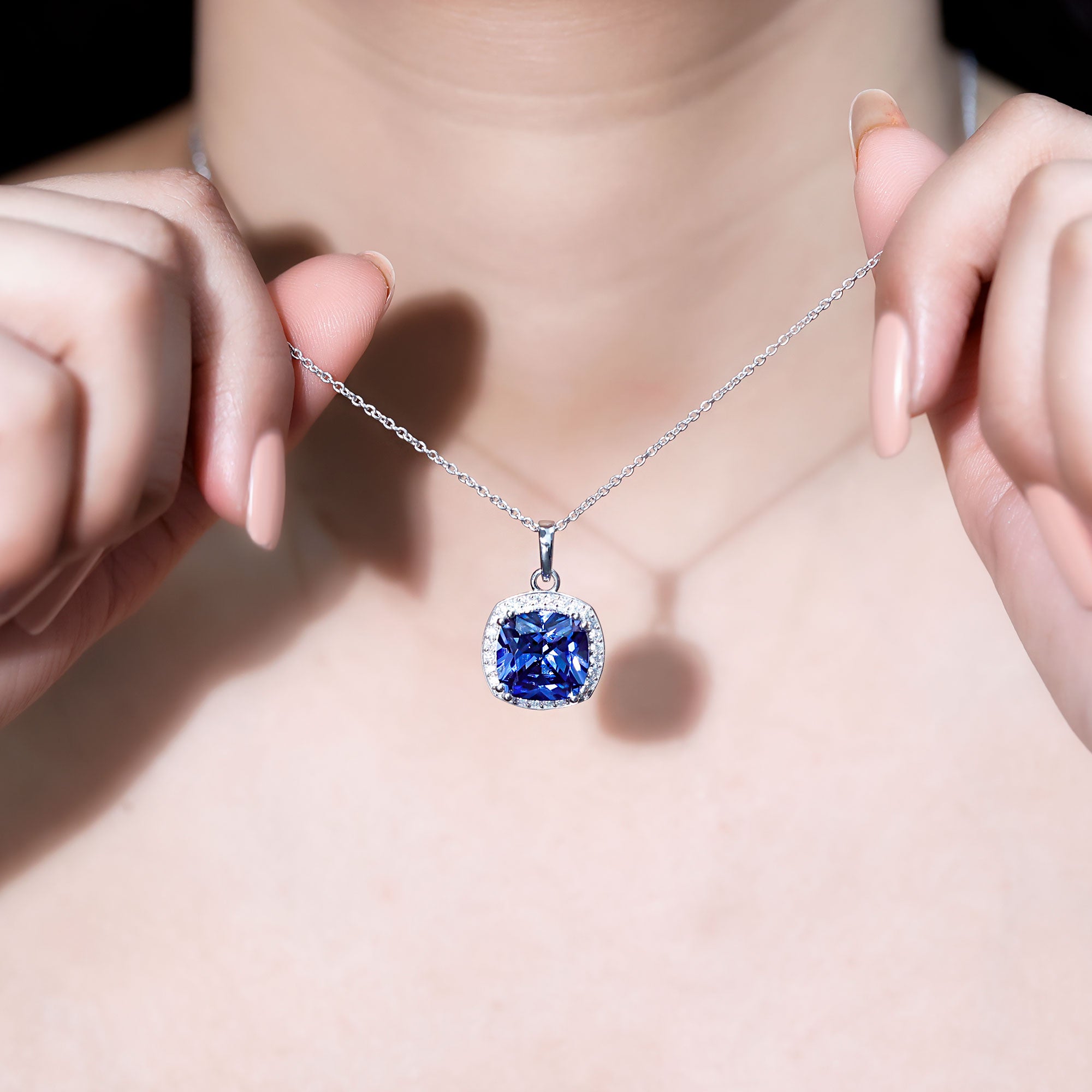 Rosec Jewels-Certified 12 MM Cushion Lab Grown Blue Sapphire Halo Necklace
