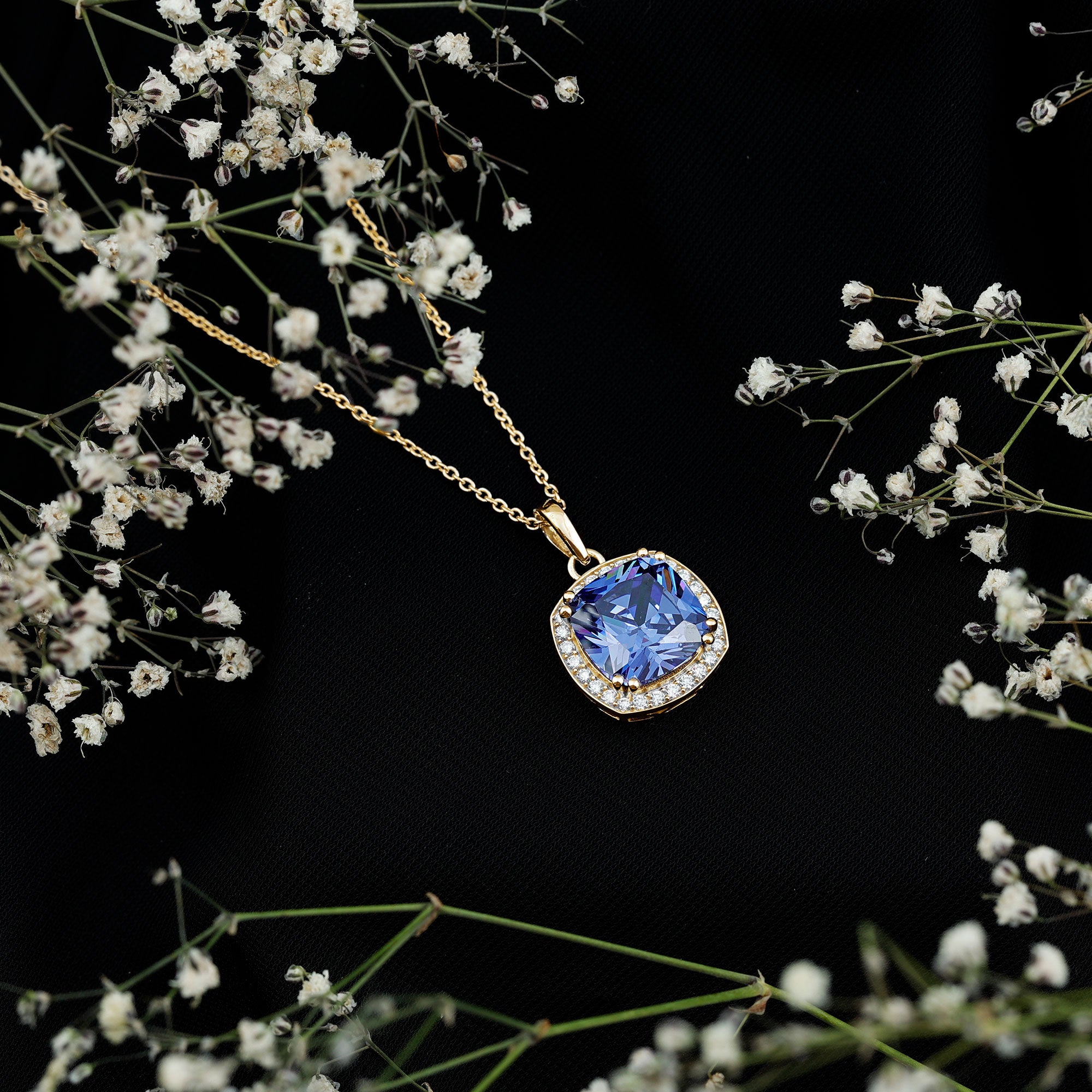Rosec Jewels-Certified 12 MM Cushion Lab Grown Blue Sapphire Halo Necklace