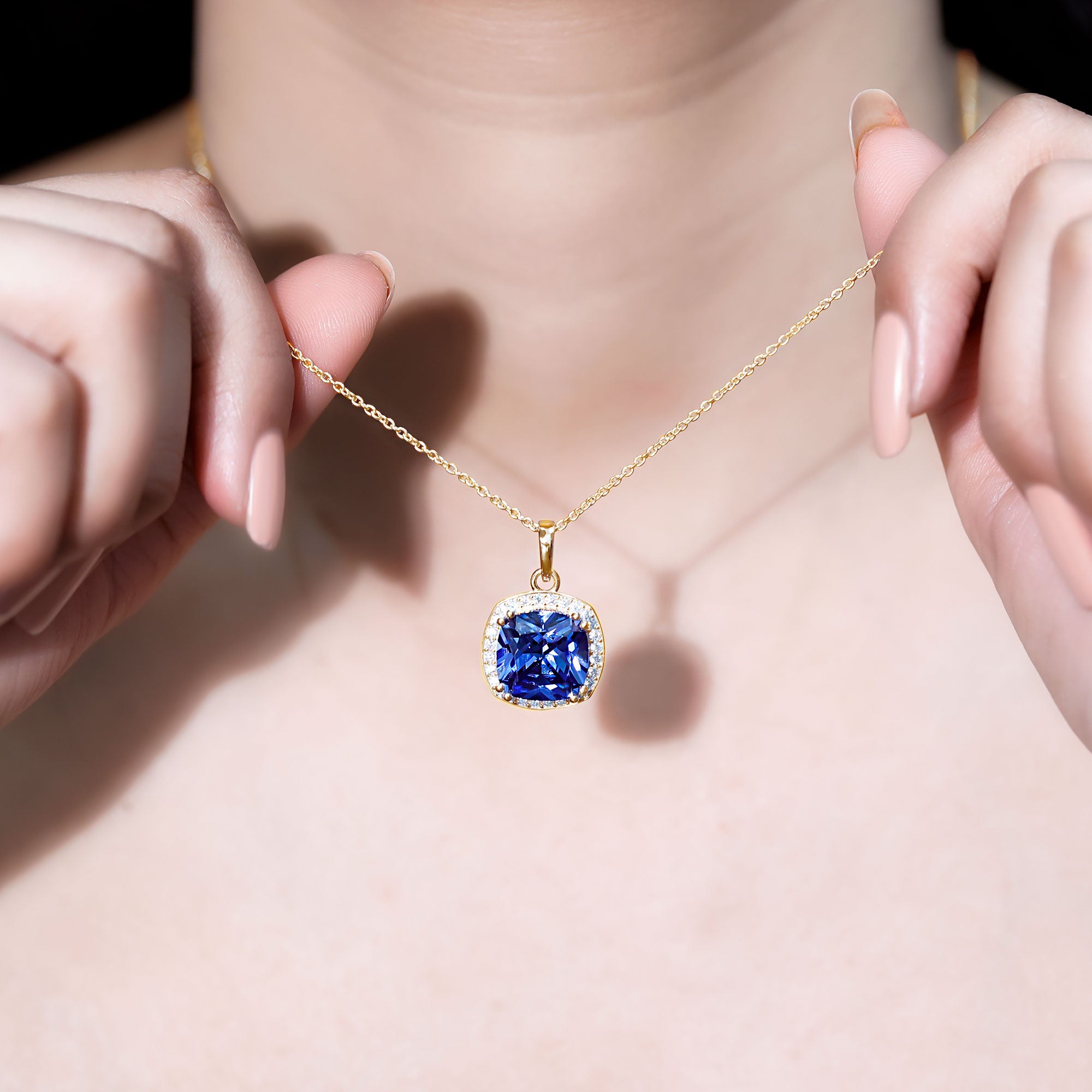 Rosec Jewels-Certified 12 MM Cushion Lab Grown Blue Sapphire Halo Necklace
