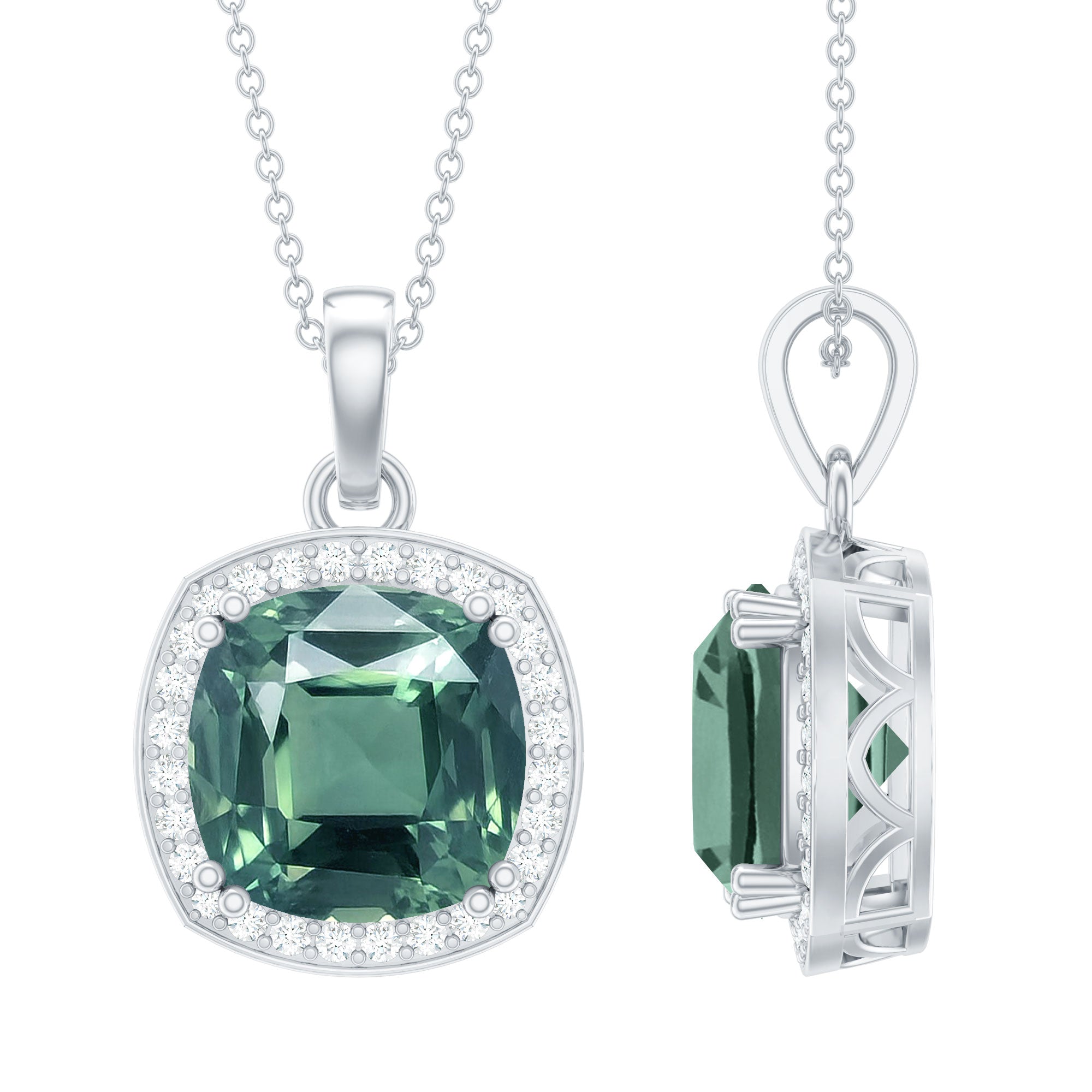 12MM Cushion Cut Lab Grown Green Sapphire Moissanite Halo Pendant Necklace