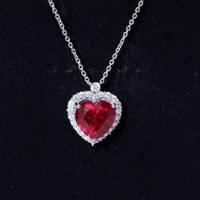 Certified Lab Grown Ruby Heart Necklace with Moissanite Halo AAAA - Rosec Jewels