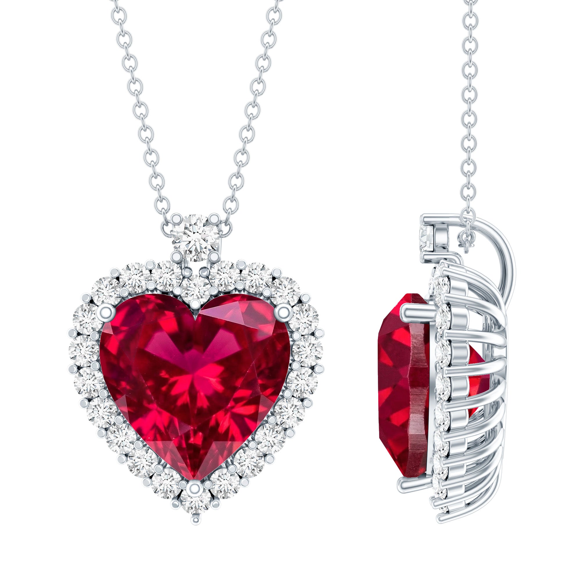 Certified Lab Grown Ruby Heart Necklace with Moissanite Halo AAAA - Rosec Jewels