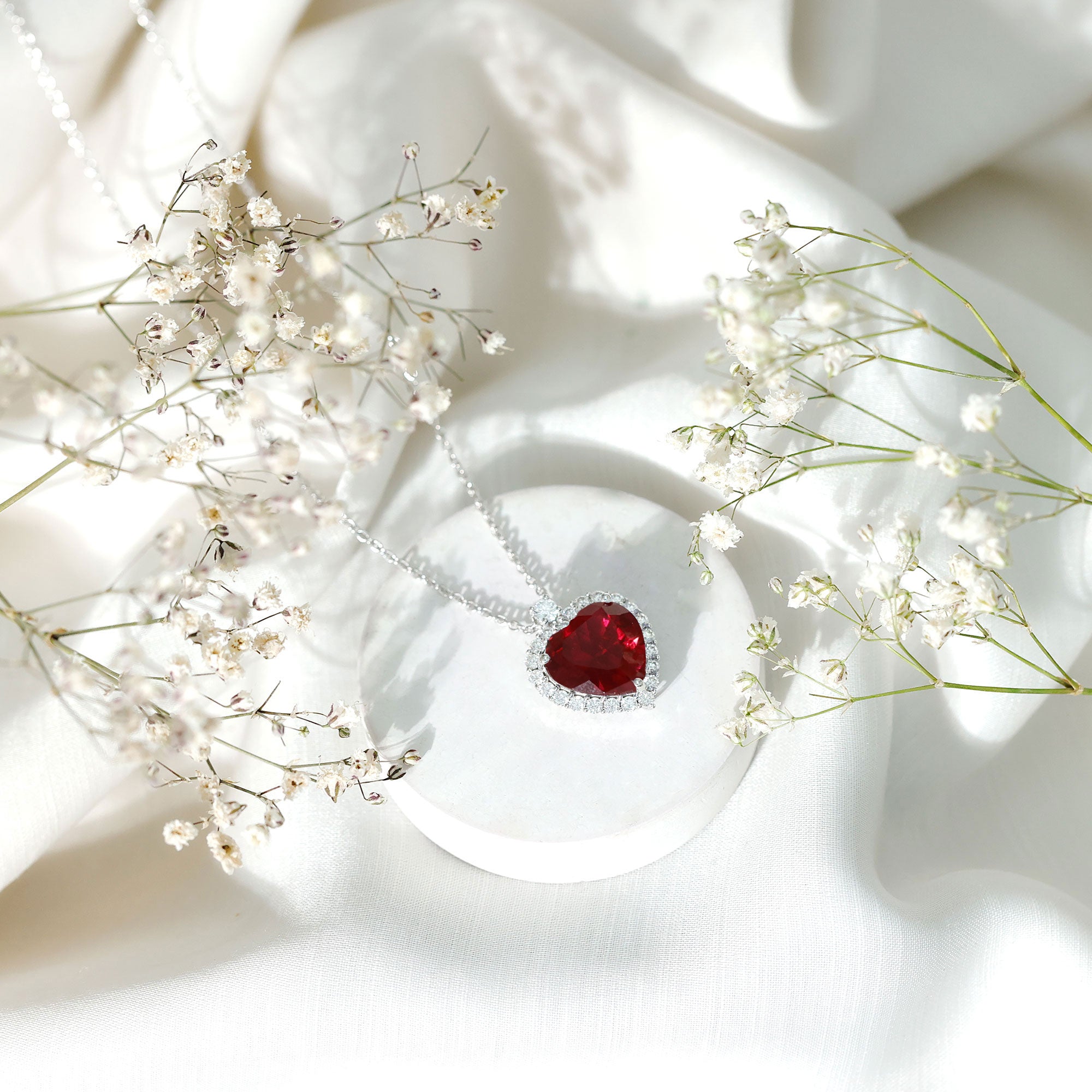 Certified Lab Grown Ruby Heart Necklace with Moissanite Halo AAAA - Rosec Jewels