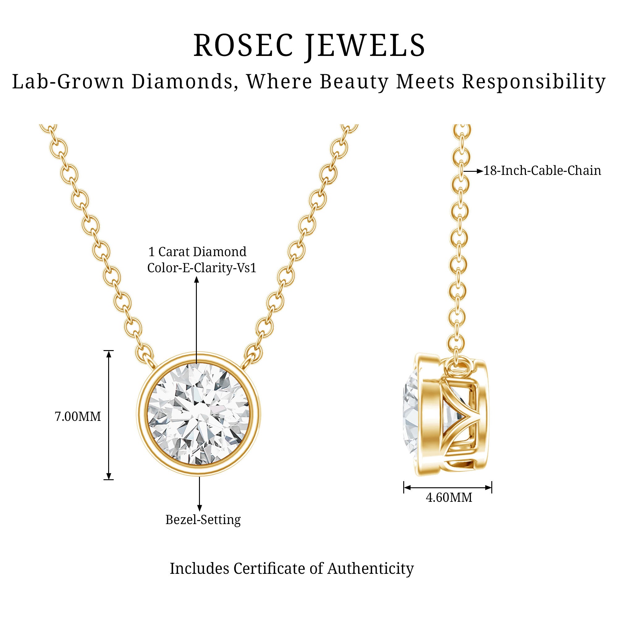 IGI Certified 1 CT Lab Grown Diamond Necklace in Bezel Setting Lab - ( E-VS1 ) - Rosec Jewels