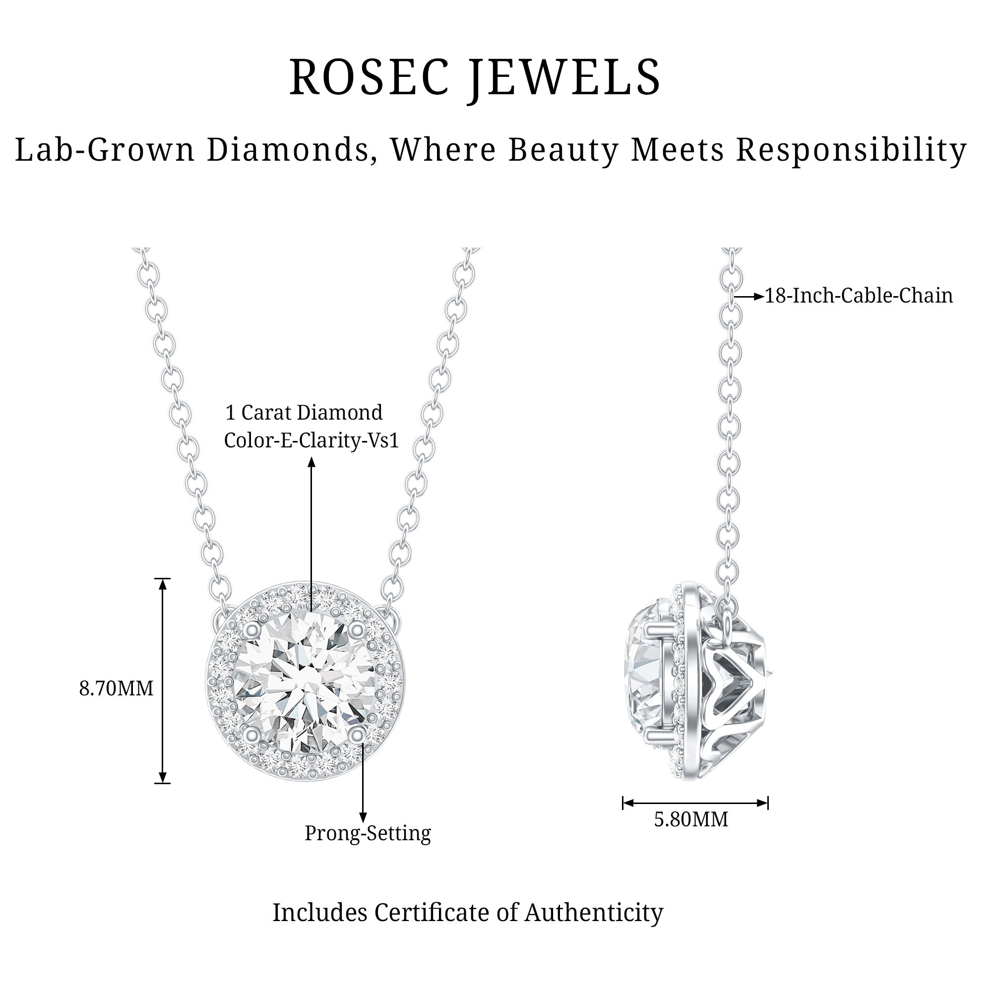 1 Carat Lab Grown Diamond Bridal Necklace with IGI Certificate Lab - ( E-VS1 ) - Rosec Jewels