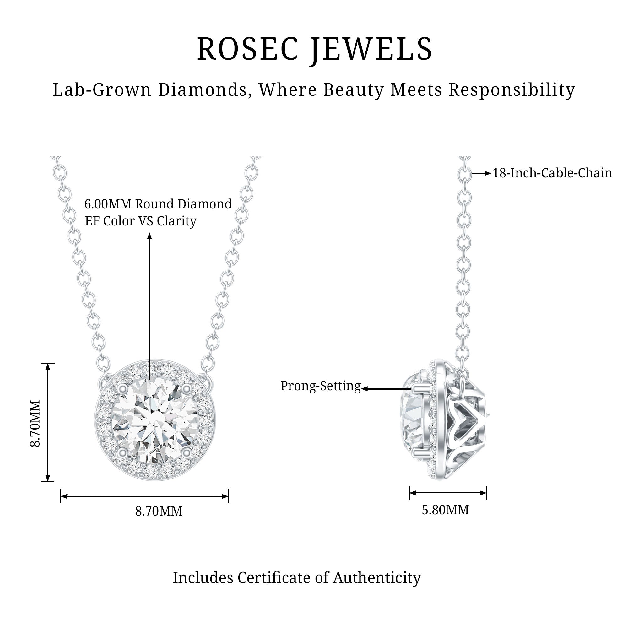 Rosec Jewels-1 Carat Lab Grown Diamond Bridal Necklace with IGI Certificate