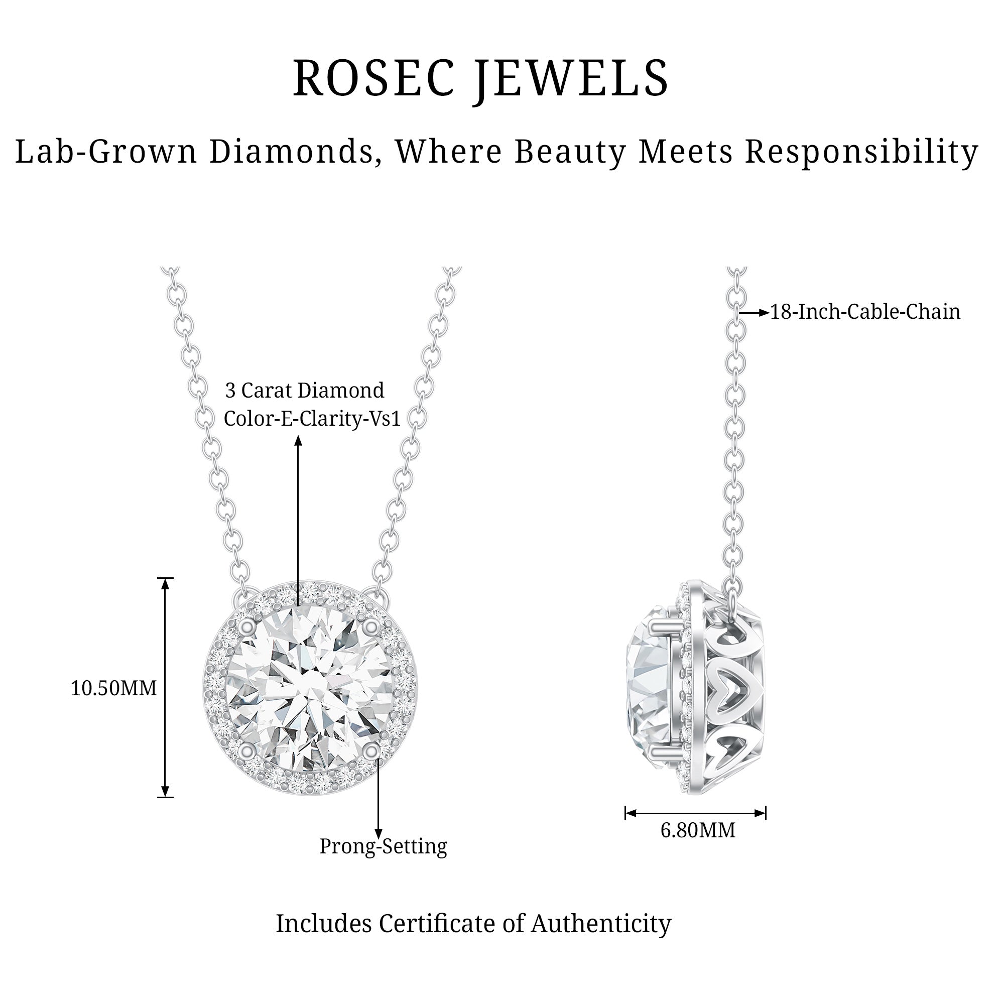 IGI Certified 3 Carat Lab Grown Diamond Necklace with Halo Lab - ( E-VS1 ) - Rosec Jewels
