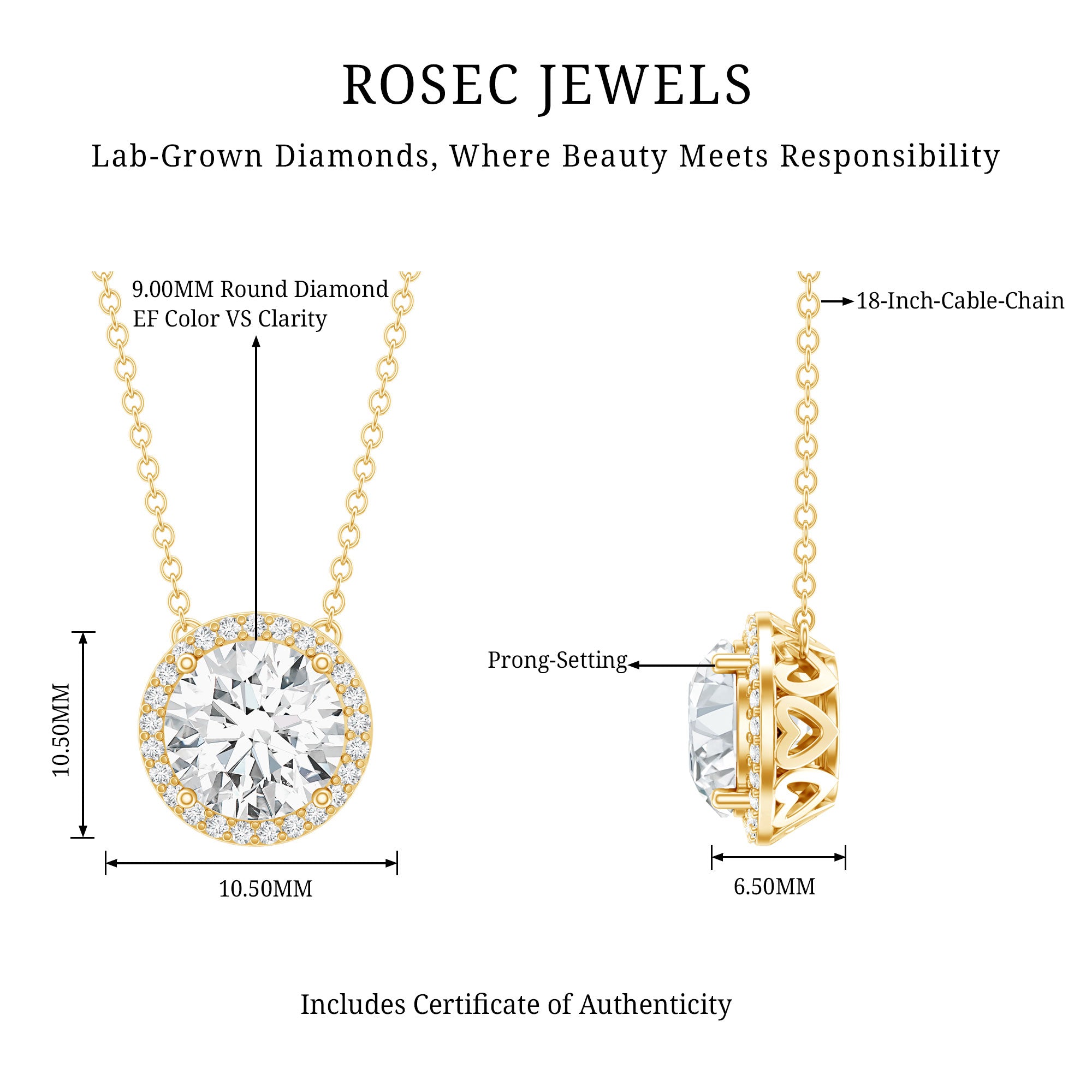 Rosec Jewels-IGI Certified 3 Carat Lab Grown Diamond Necklace with Halo