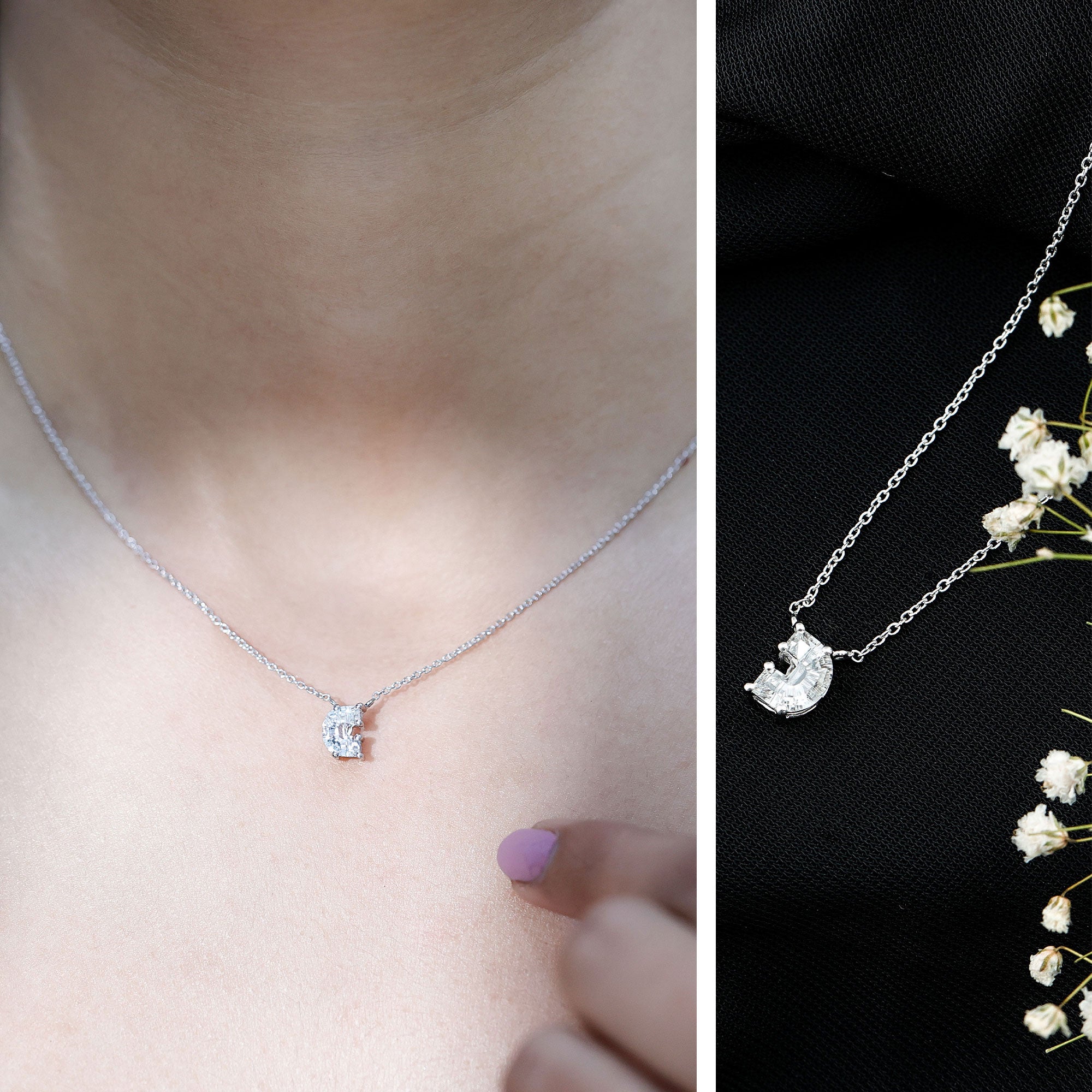 Fancy Cut 2 Carat Lab Grown Diamond Letter C Necklace with Chain Lab - ( EF-VS ) - Rosec Jewels