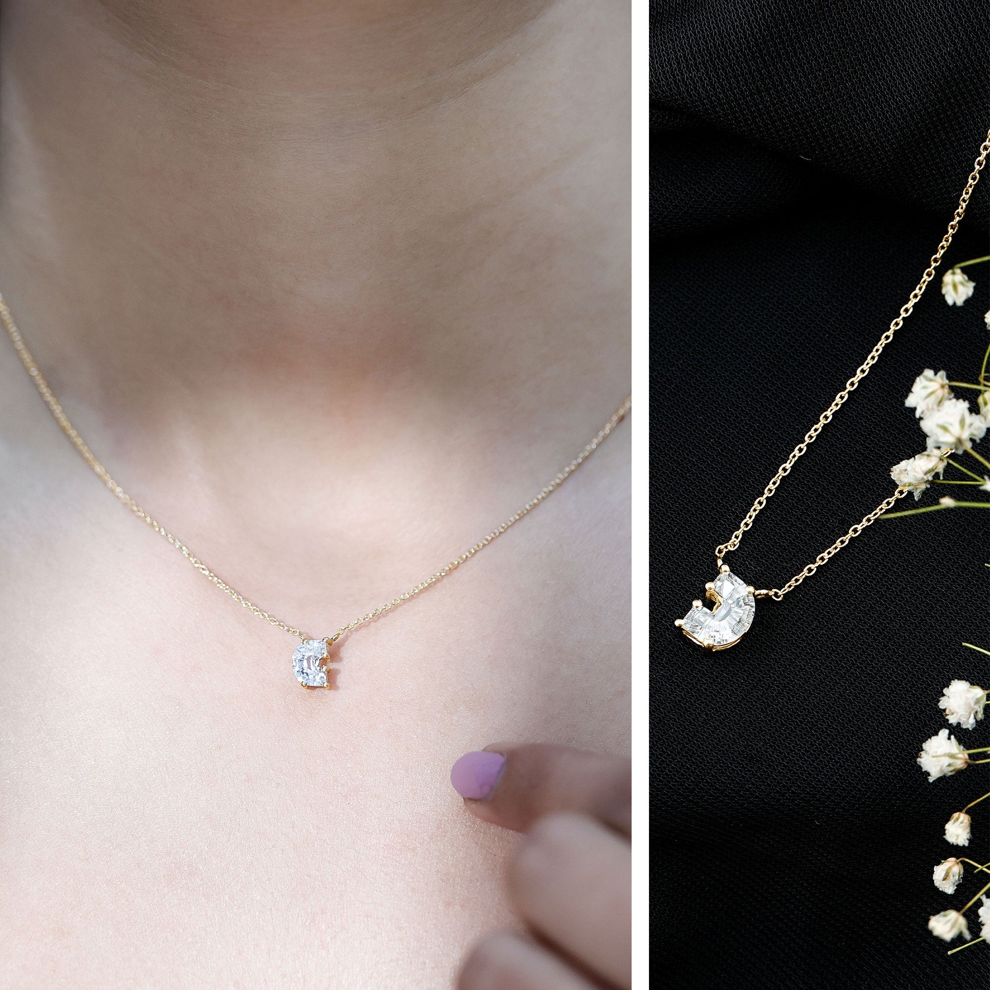 Fancy Cut 2 Carat Lab Grown Diamond Letter C Necklace with Chain Lab - ( EF-VS ) - Rosec Jewels