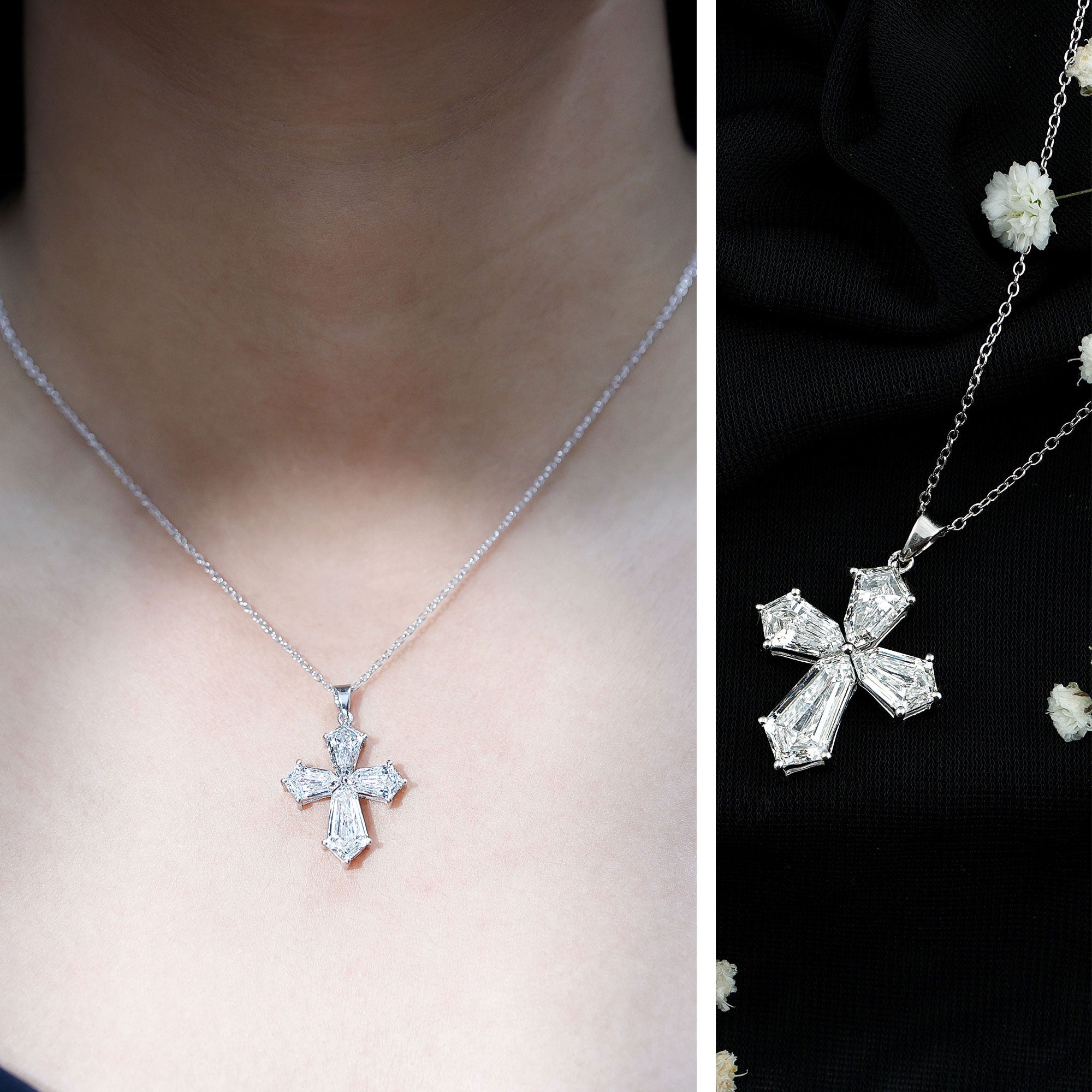 Rosec Jewels-5.2 Carat Shield Shape Step Cut Lab Diamond Cross Necklace