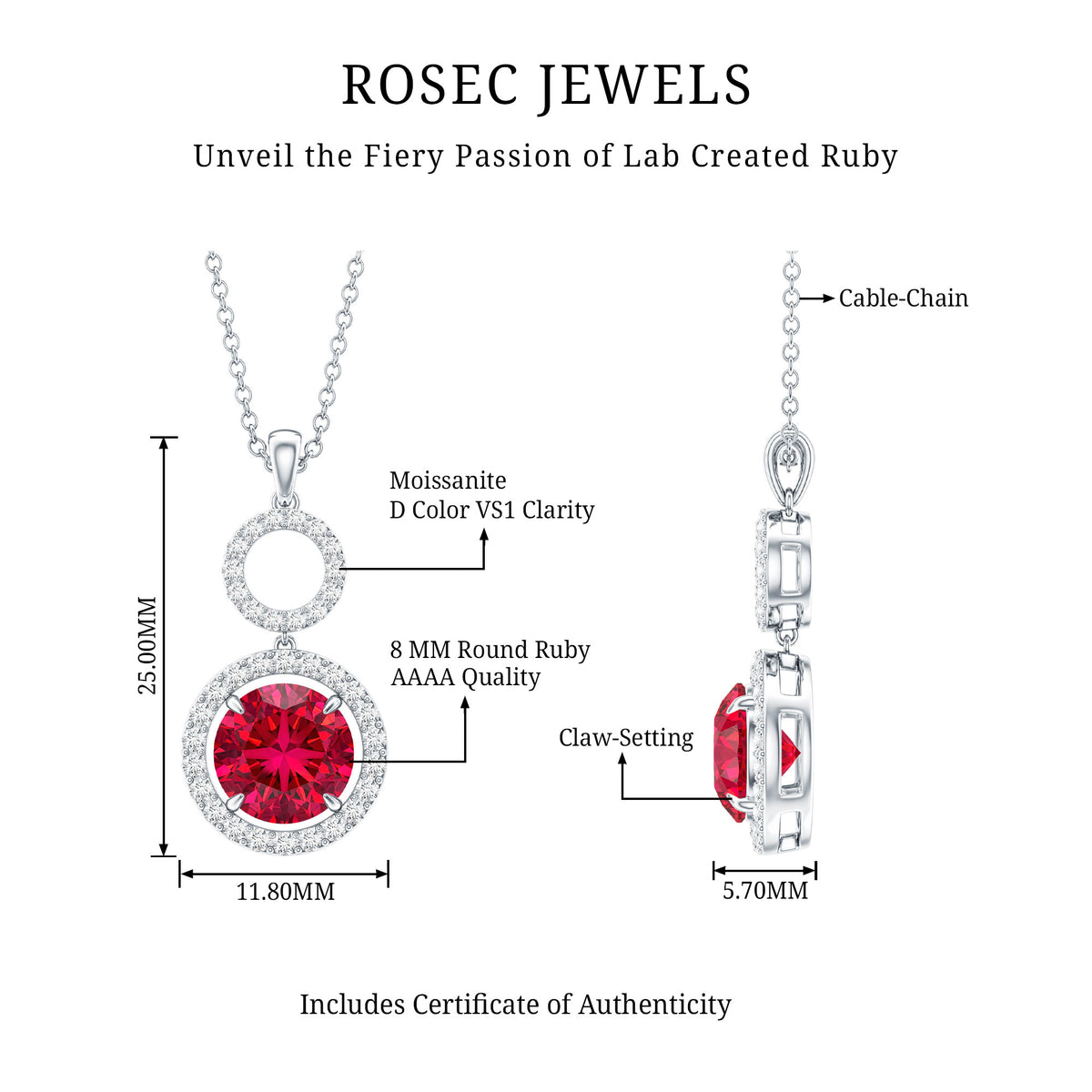 Lab Grown Ruby Dangle Necklace with Moissanite Halo AAAA - Rosec Jewels