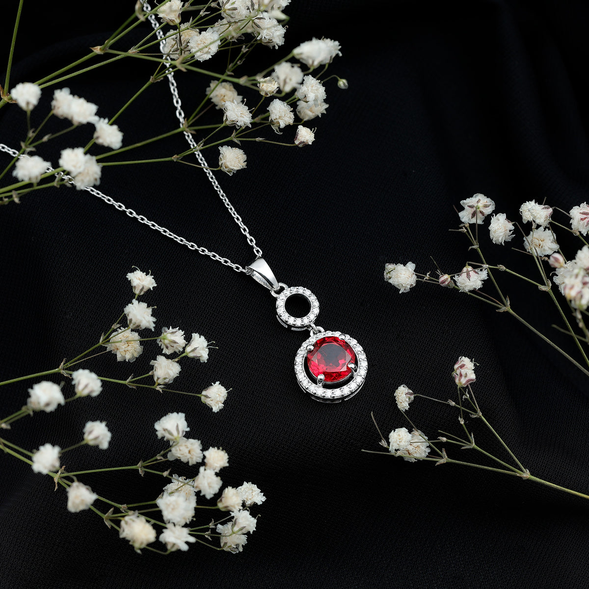 Lab Grown Ruby Dangle Necklace with Moissanite Halo AAAA - Rosec Jewels