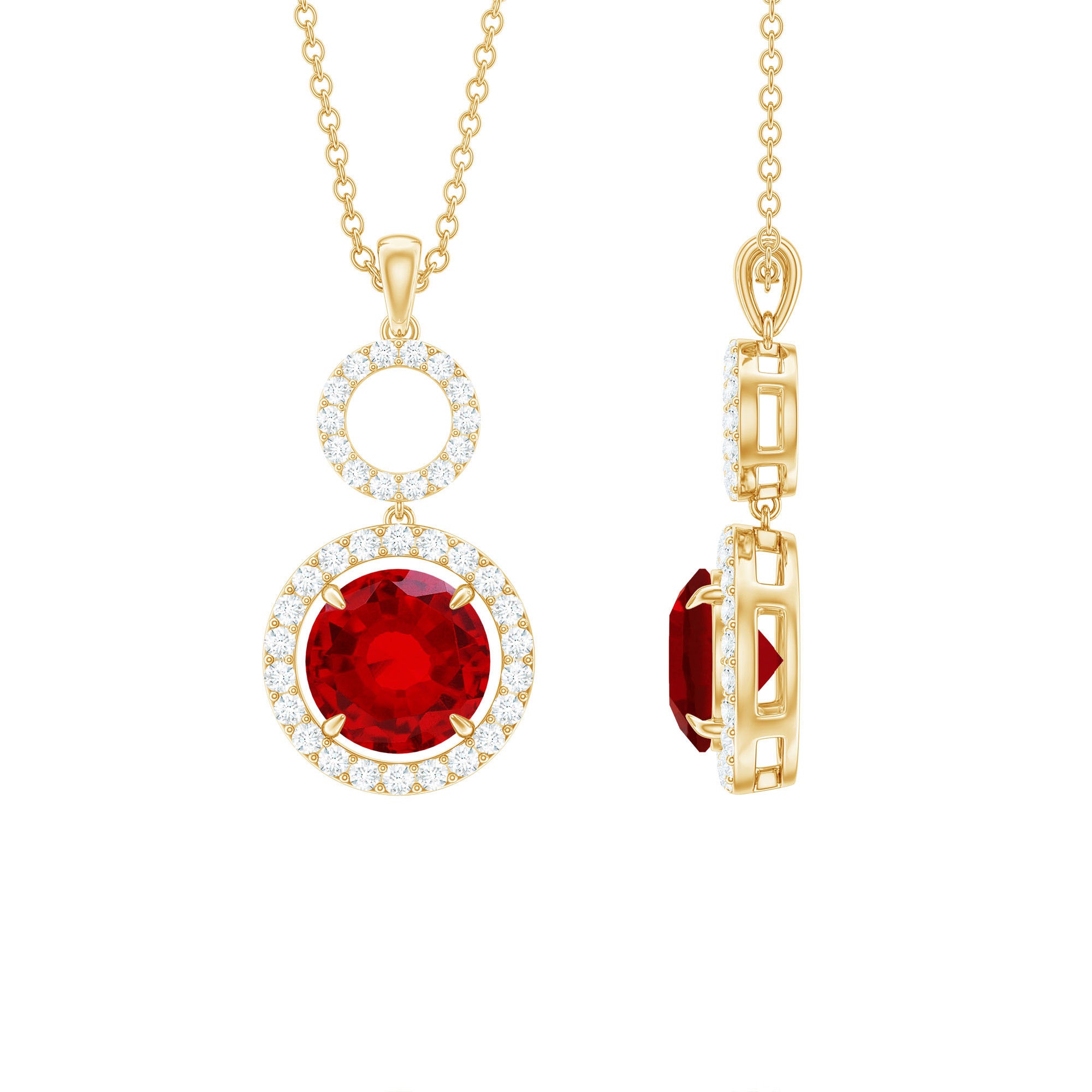 Lab Grown Ruby Dangle Necklace with Moissanite Halo AAAA - Rosec Jewels