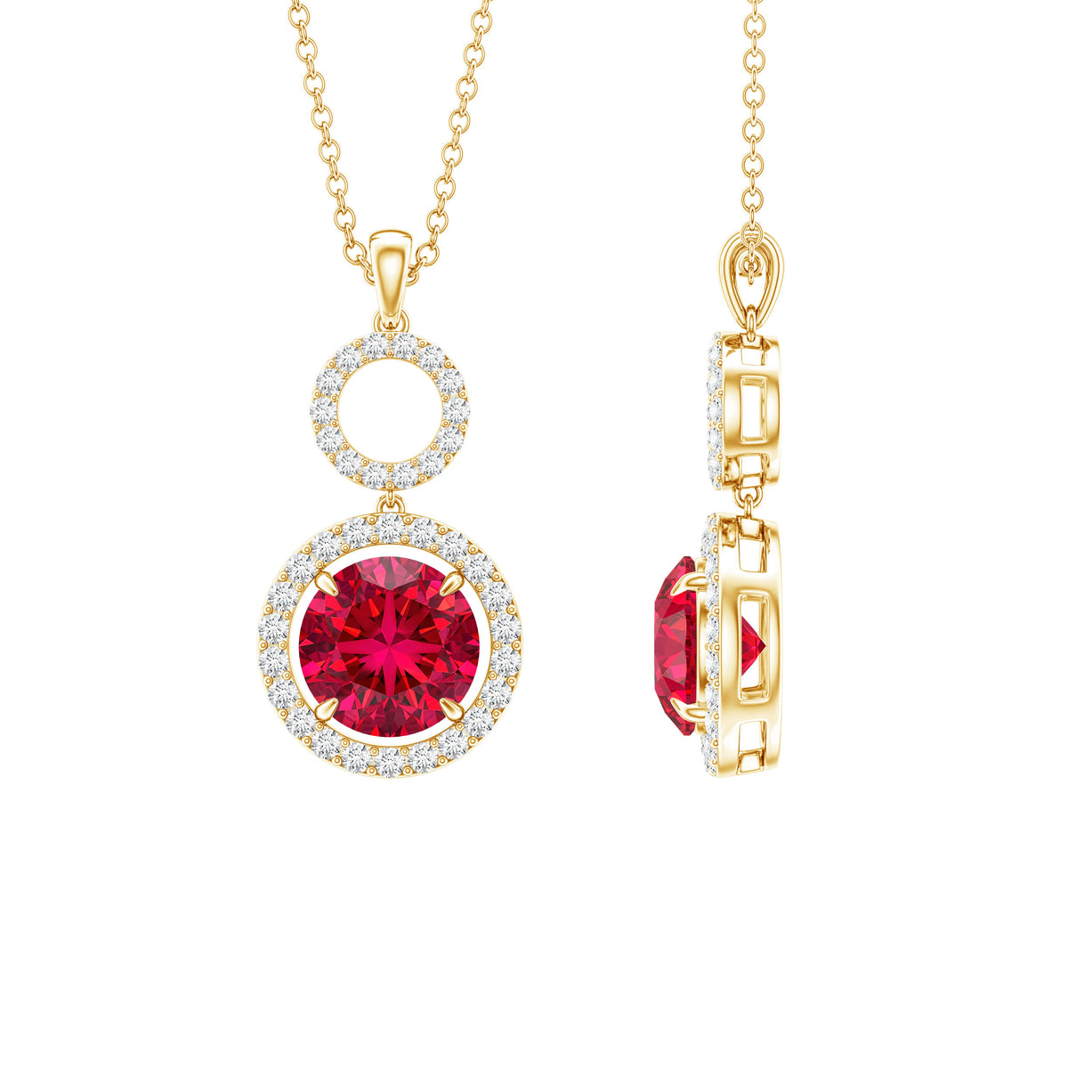 Lab Grown Ruby Dangle Necklace with Moissanite Halo AAAA - Rosec Jewels
