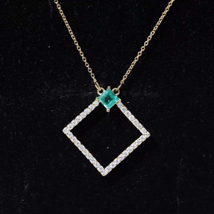 Princess Cut Emerald and Diamond Square Necklace AAA - Rosec Jewels
