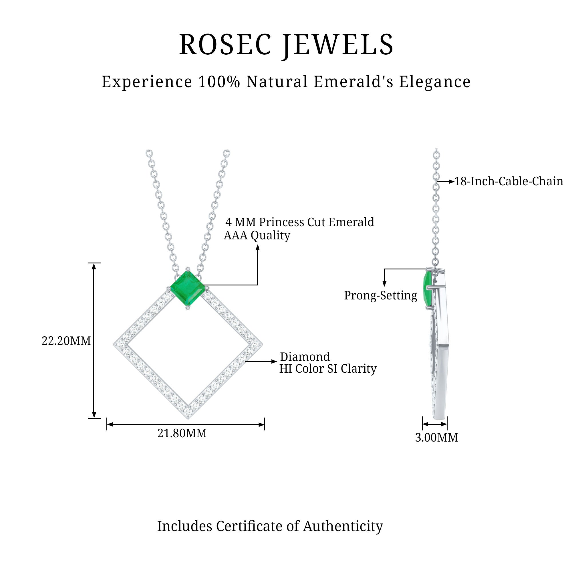 Princess Cut Emerald and Diamond Square Necklace AAA - Rosec Jewels